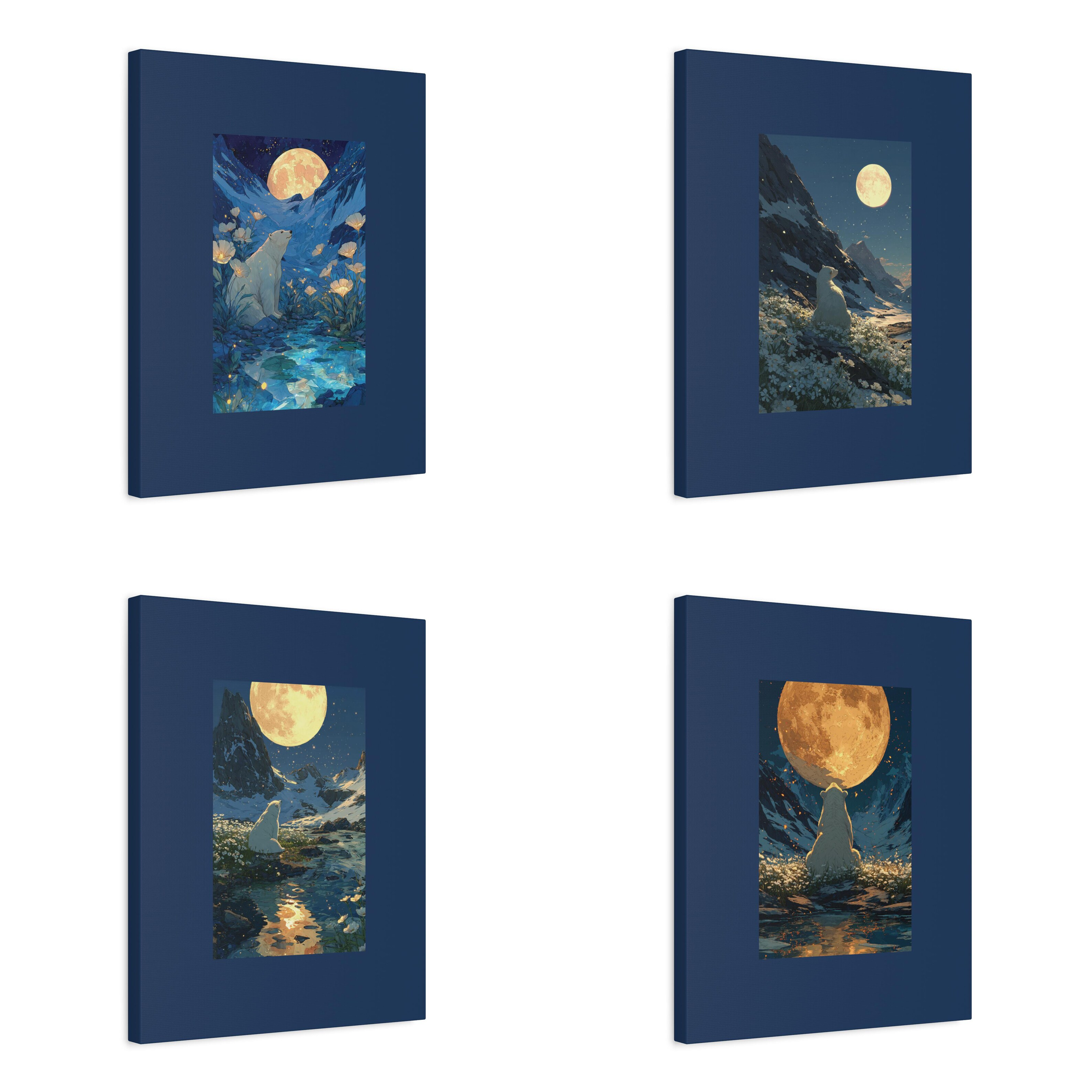 Collection of four moonlit polar bear canvas designs