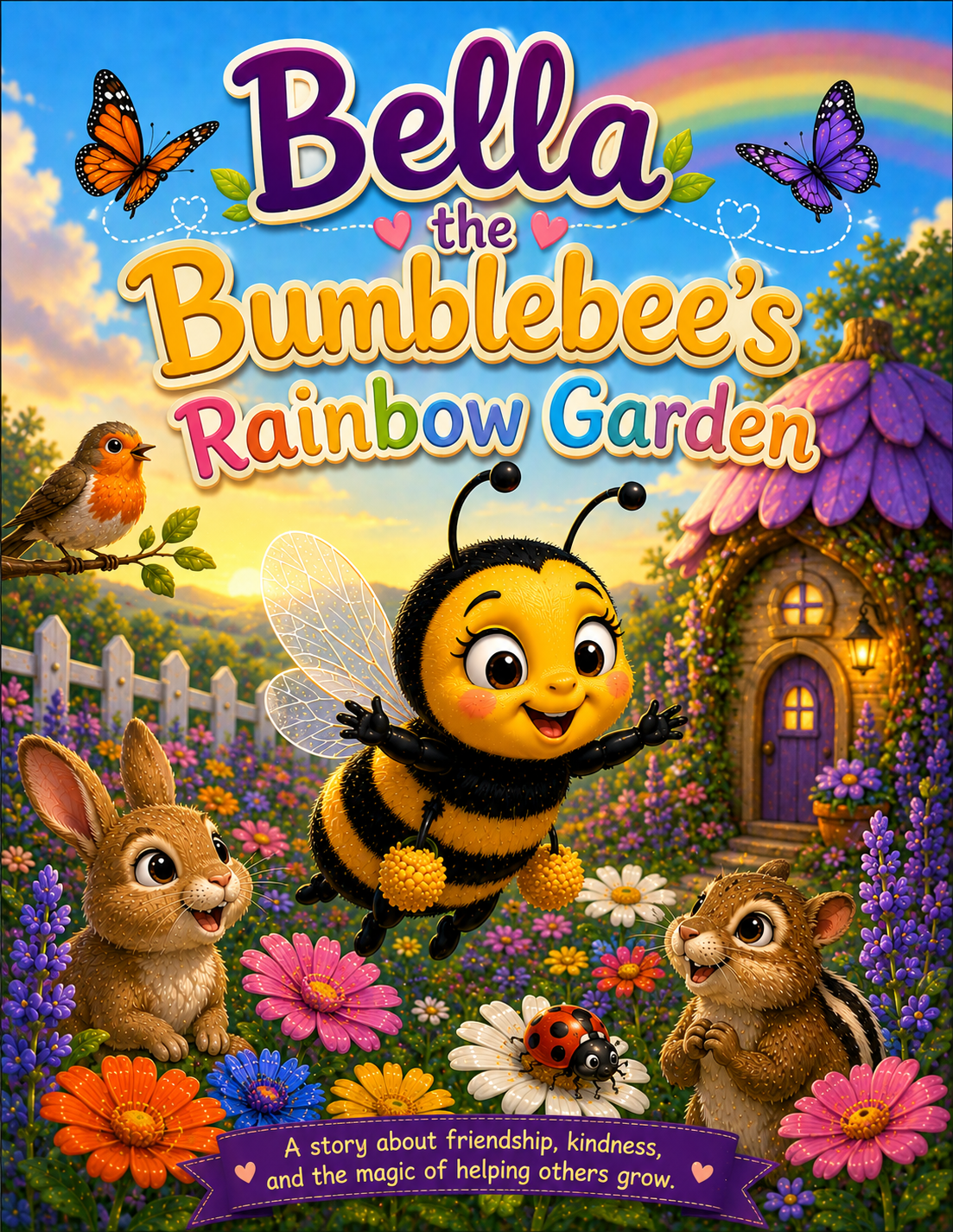 Bella the Bumblebee's Rainbow Garden children's book cover featuring a smiling cartoon bumblebee flying through a colorful flower garden at sunset. Bella is surrounded by a happy rabbit, a chipmunk, a robin, butterflies, a ladybug, and vibrant wildflowers. A rainbow stretches across the sky above a whimsical cottage with a purple flower-shaped roof. The title 'Bella the Bumblebee's Rainbow Garden' appears in large colorful letters, with the subtitle: 'A story about friendship, kindness, and the magic of helping others grow.'