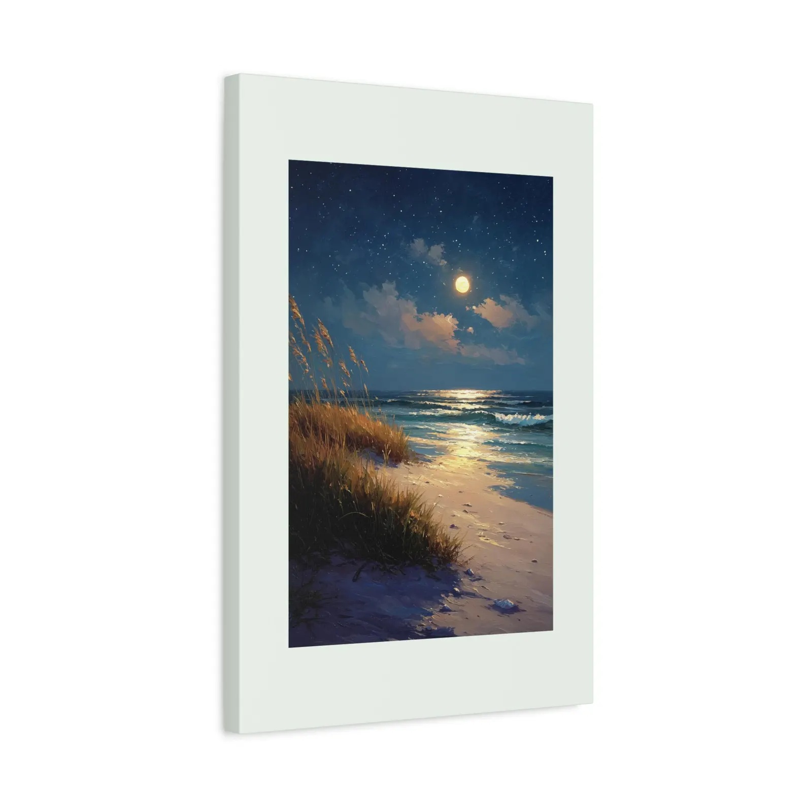 Framed matte canvas featuring a tranquil moonlit beach at night, with gentle ocean waves, glowing moonlight reflecting across the water, sandy dunes lined with sea grass, and a star-filled sky. The artwork is displayed on a soft cream-colored canvas, creating a peaceful coastal décor piece for beach-inspired interiors.