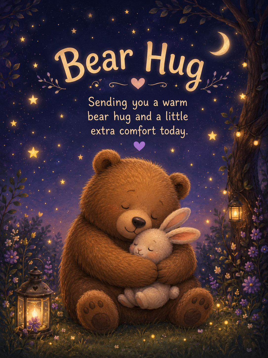 Illustrated greeting card showing a teddy bear hugging a bunny beneath a starry night sky, with the message 'Bear Hug' and a warm wish for comfort.