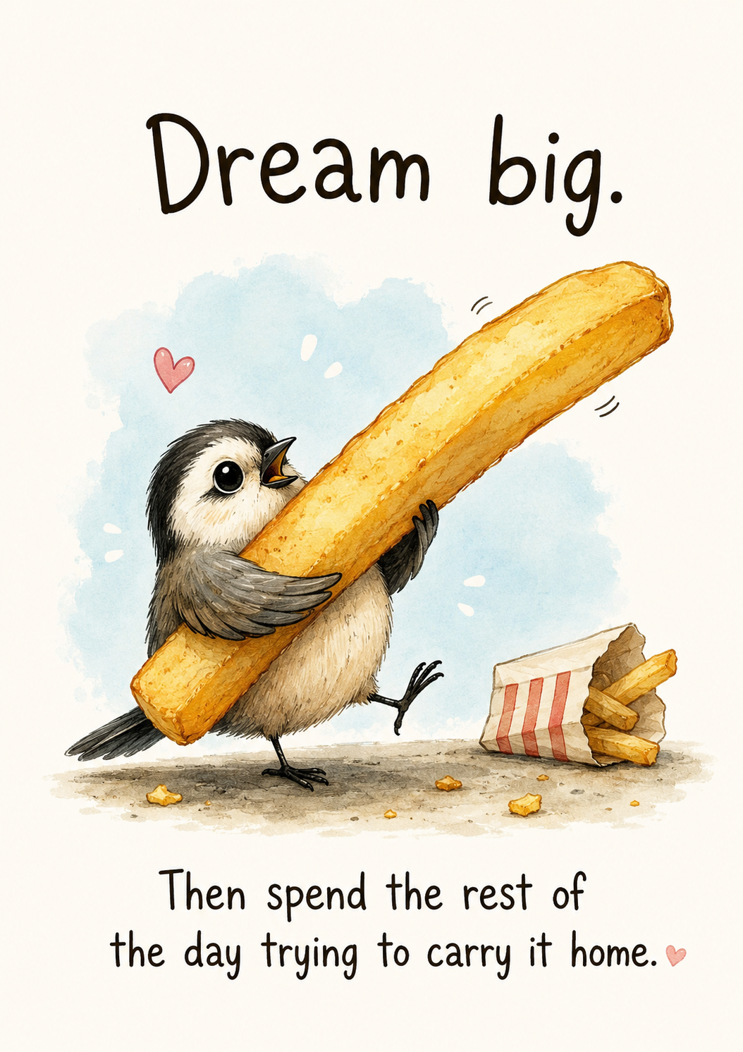 A cheerful cartoon bird proudly carrying a giant golden French fry that is much larger than itself, creating a playful and humorous scene on a colorful greeting card.