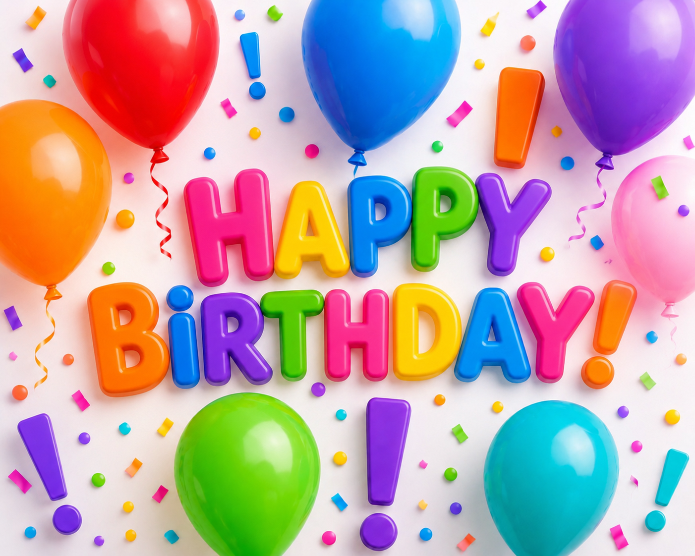 Colorful Happy Birthday greeting card featuring bright balloons, confetti, and cheerful rainbow letters celebrating a special day.