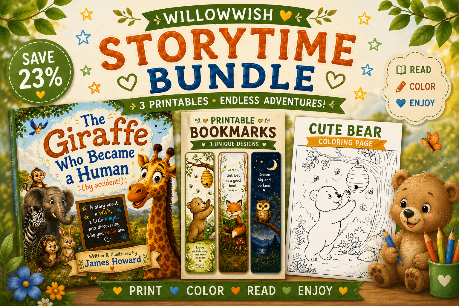 WillowWish Storytime Bundle digital download featuring three printable activities: 'The Giraffe Who Became a Human' children's book, a set of three printable bookmarks, and a cute bear coloring page. The bundle includes reading, coloring, and bookmark activities for kids and families.
