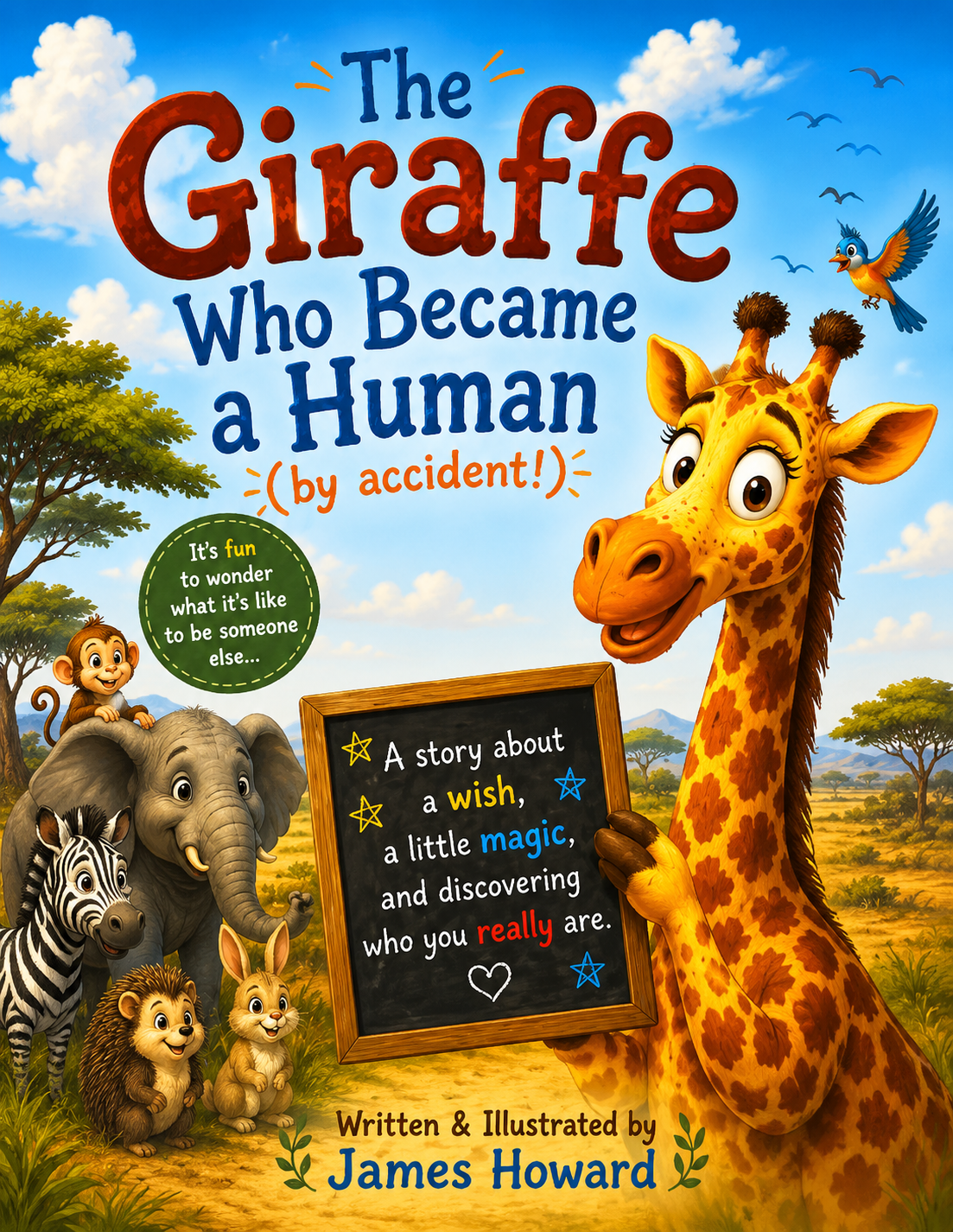 Cover of the children's book 'The Giraffe Who Became a Human (by accident!)' featuring a cheerful giraffe holding a chalkboard that reads, 'A story about a wish, a little magic, and discovering who you really are.' The cover also includes a zebra, elephant, monkey, hedgehog, bunny, colorful bird, and an African savanna background. Written and illustrated by James Howard.