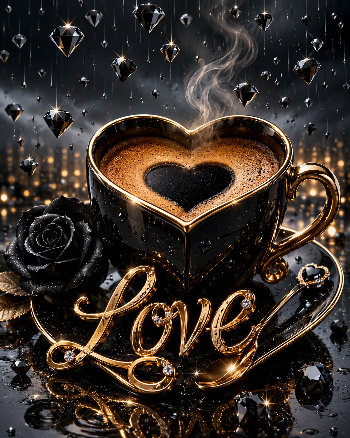 Heart shaped coffee cup filled with coffee beneath glowing gold cursive LOVE lettering as black diamonds fall through a dark elegant background.