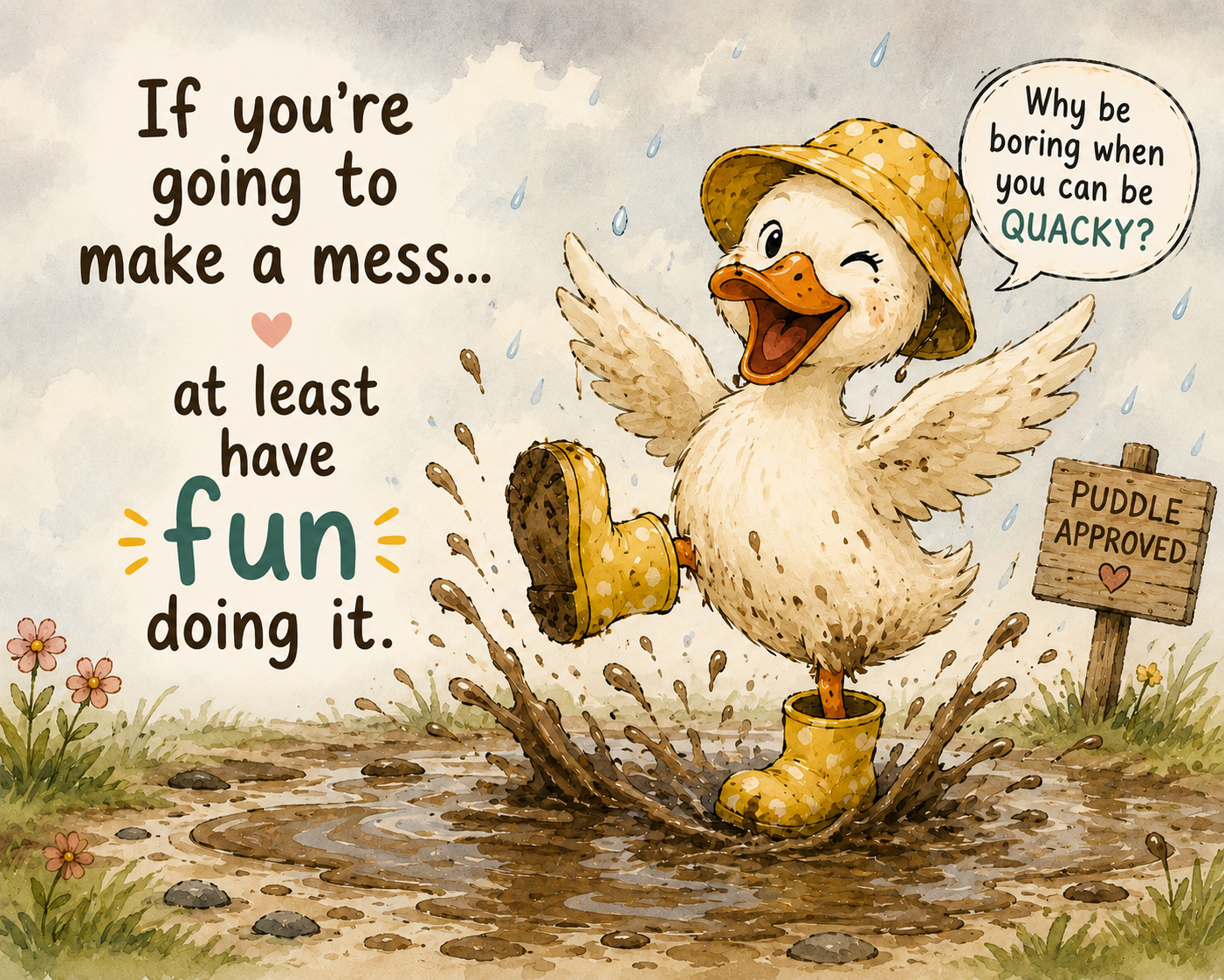 Cute duck wearing yellow rain boots splashing in a puddle with the speech bubble, 