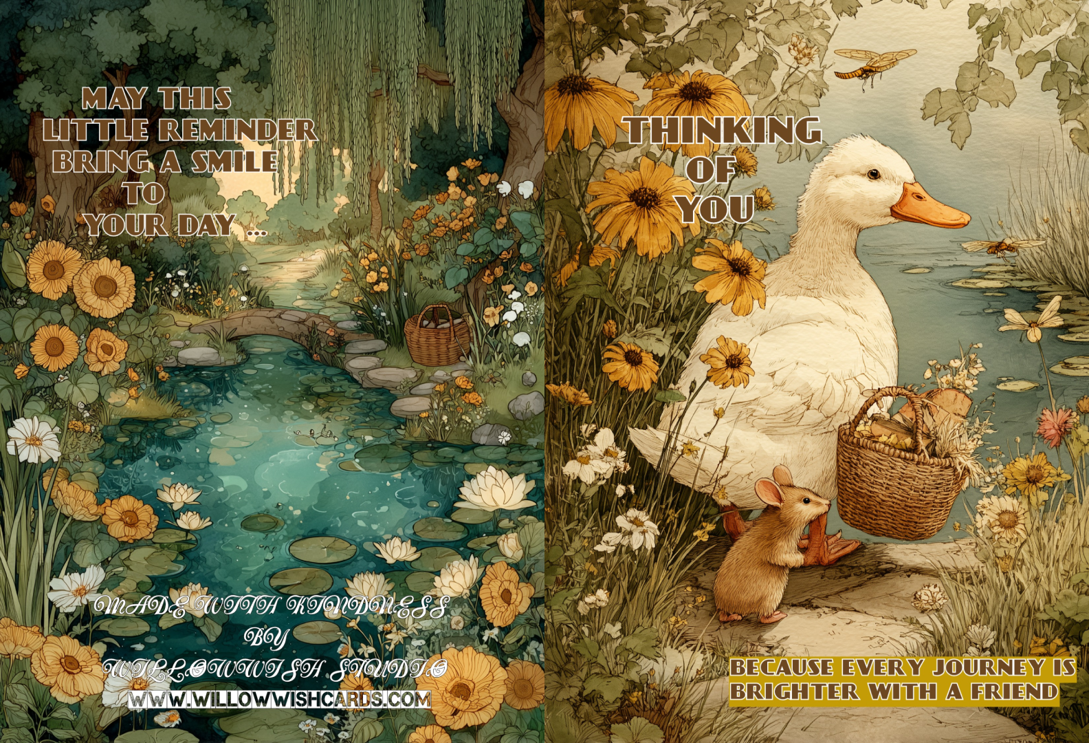 A whimsical watercolor-style illustration of a white duck and a small brown mouse relaxing together on a red-and-white picnic blanket beside a peaceful pond. They sit beneath a large willow tree surrounded by yellow and white wildflowers, with a picnic basket filled with fruit nearby and lily pads floating on the water. Bold black text on the left reads: 'May your heart always find peaceful places, faithful friends, and quiet moments that remind you how beautiful life can be.'