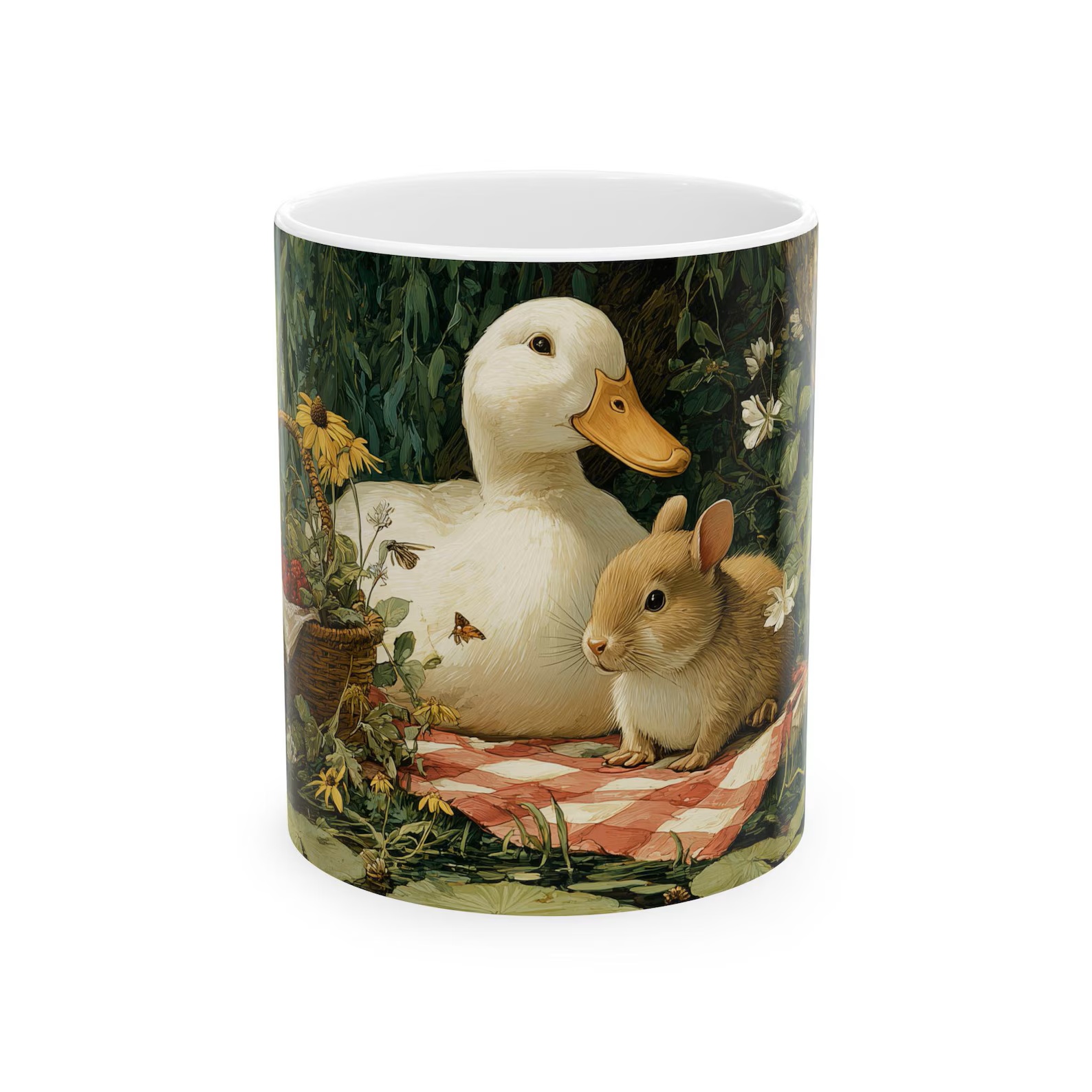 Mockup of a white ceramic mug featuring an adorable duck and mouse sitting together on a picnic blanket surrounded by wildflowers and lush greenery. The whimsical woodland artwork wraps around the mug, creating a cozy, nature-inspired design displayed against a clean light background.
