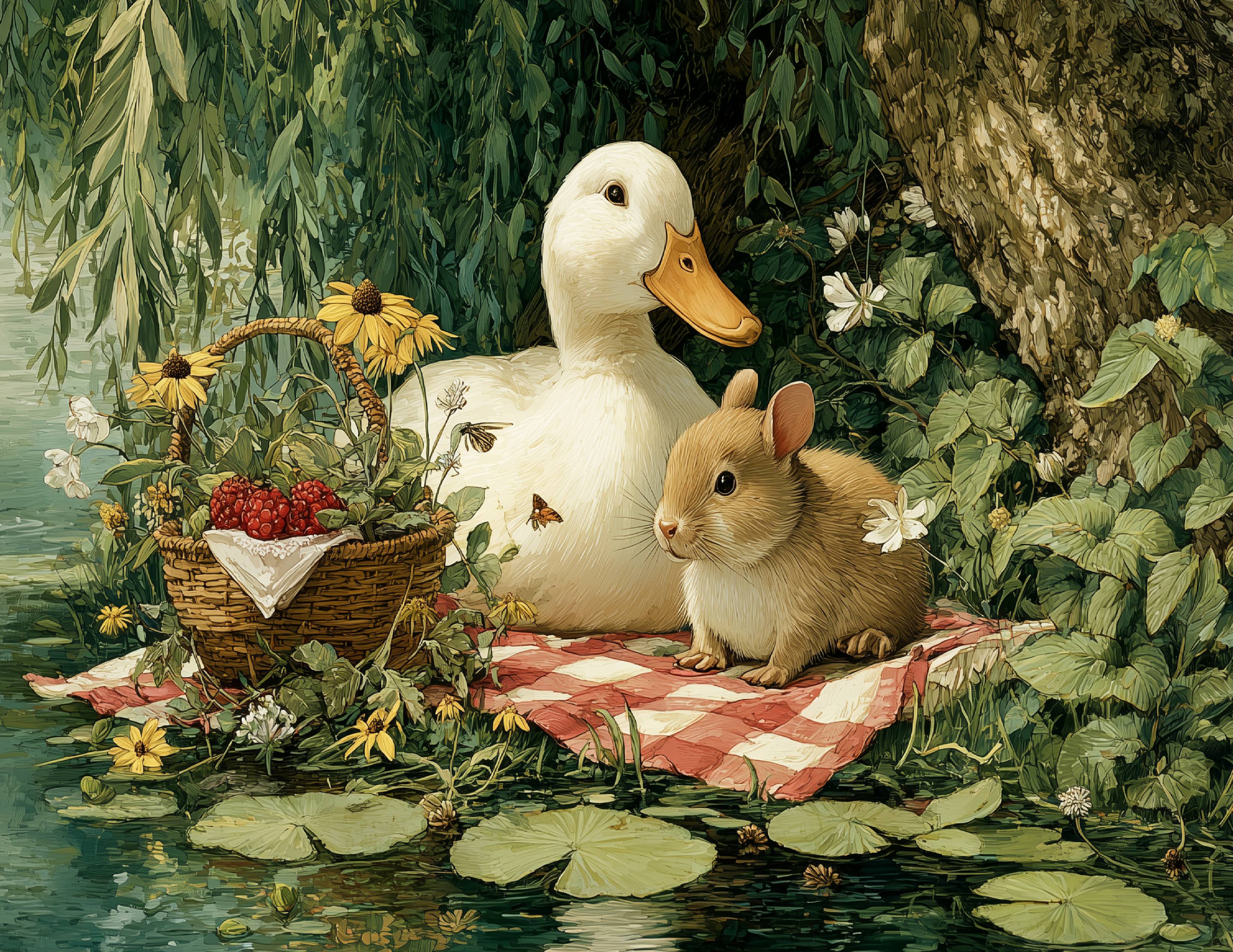 A whimsical woodland illustration of a white duck and a small brown mouse sitting together on a red-and-white picnic blanket beside a peaceful pond. Surrounded by lush greenery, wildflowers, lily pads, and a picnic basket filled with berries, the charming scene creates a warm, storybook atmosphere perfect for nursery décor, children's rooms, and nature-inspired wall art.