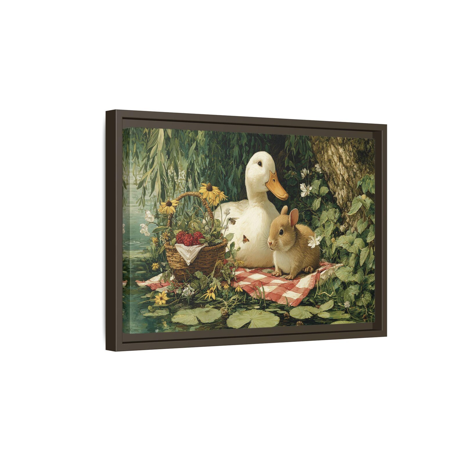 Mockup of a framed canvas wall art piece featuring a whimsical illustration of a duck and mouse enjoying a picnic in a peaceful garden setting, displayed on a light neutral background.