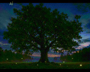 An animated GIF of a majestic tree standing alone in a twilight meadow as glowing golden fireflies drift, flicker, and float around its branches and across the grass. The deer blue evening sky is dotted with stars, while distant forests fade into the background, creating a calm and magical nighttime atmosphere.