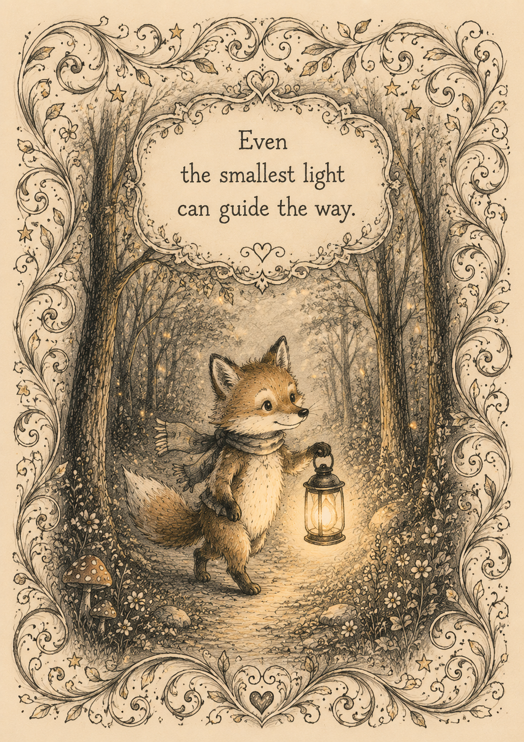 A hand-drawn ink and pencil illustration of a small fox carrying a glowing lantern along a forest path at dusk. Delicate trees, flowers, and mushrooms surround the fox, while decorative
          swirling borders frame the scene. The card includes the message: 'Even the smallest light can guide the way.' 