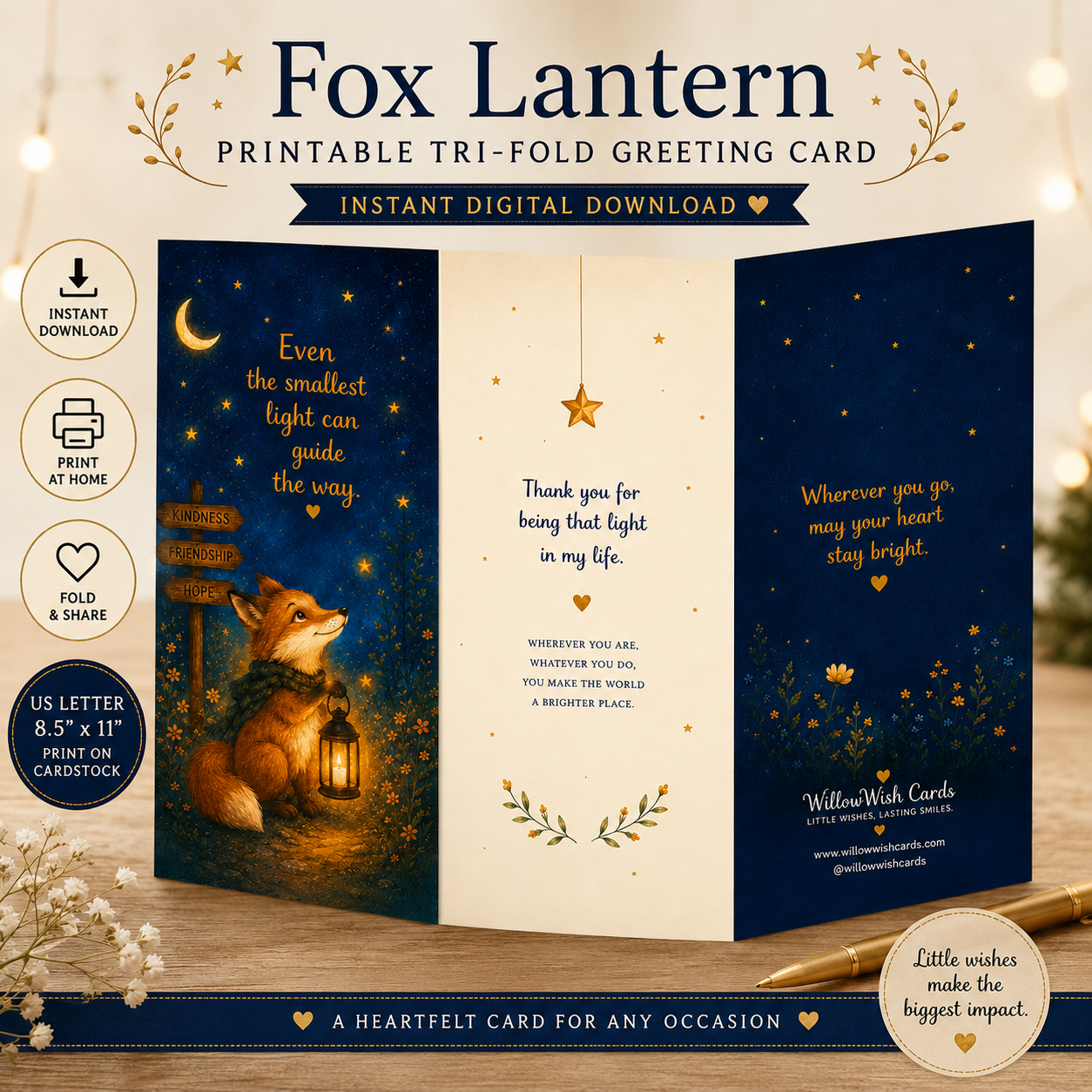 A printable tri-fold greeting card featuring a cozy woodland fox carrying a glowing lantern through a peaceful forest. The listing image shows the front cover, inside panels, and back design, making it easy to preview the complete printable card. Perfect for birthdays, encouragement, thank-you notes, and thoughtful greetings.