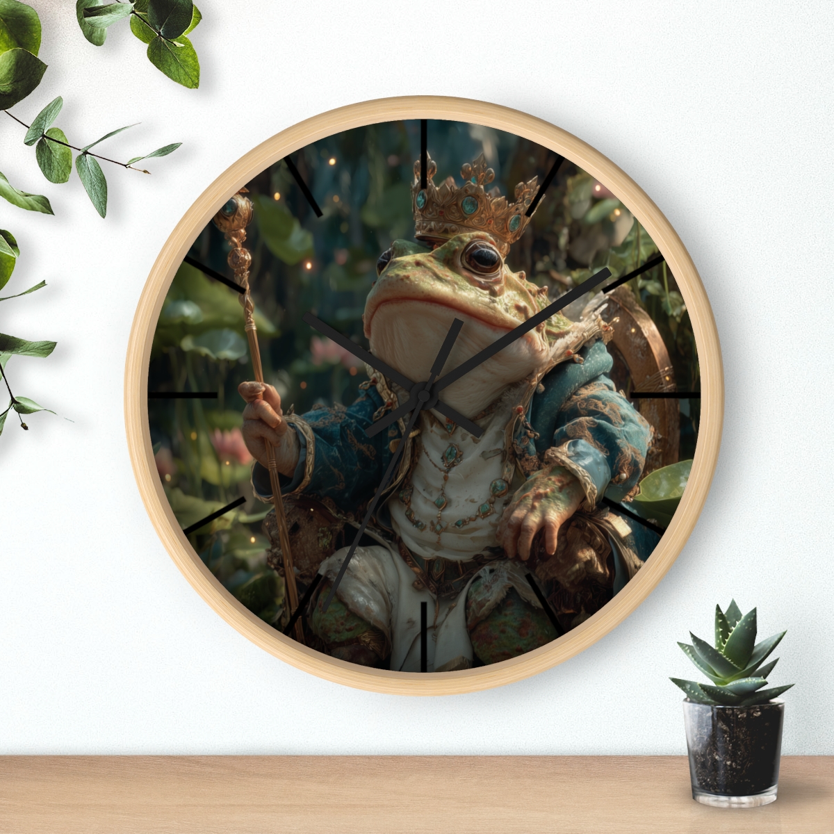 Round wooden wall clock featuring a regal Frog King seated on an ornate throne in an enchanted forest. Wearing a jeweled crown and elegant royal robes while holding a decorative scepter, the frog is surrounded by lush greenery and soft glowing lights, creating a whimsical fantasy centerpiece for any room.
