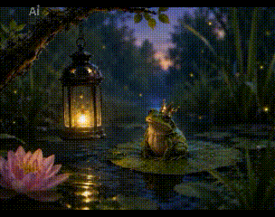 Animated GIF card featuring a crowned frog king sitting on a lily pad beside a glowing lantern in a moonlit pond. Fireflies drift through the evening air as the lantern's warm light reflects across the water, creating a peaceful and magical scene. Text reads: 'Every King and Queen has their crown and you're one of them.' 