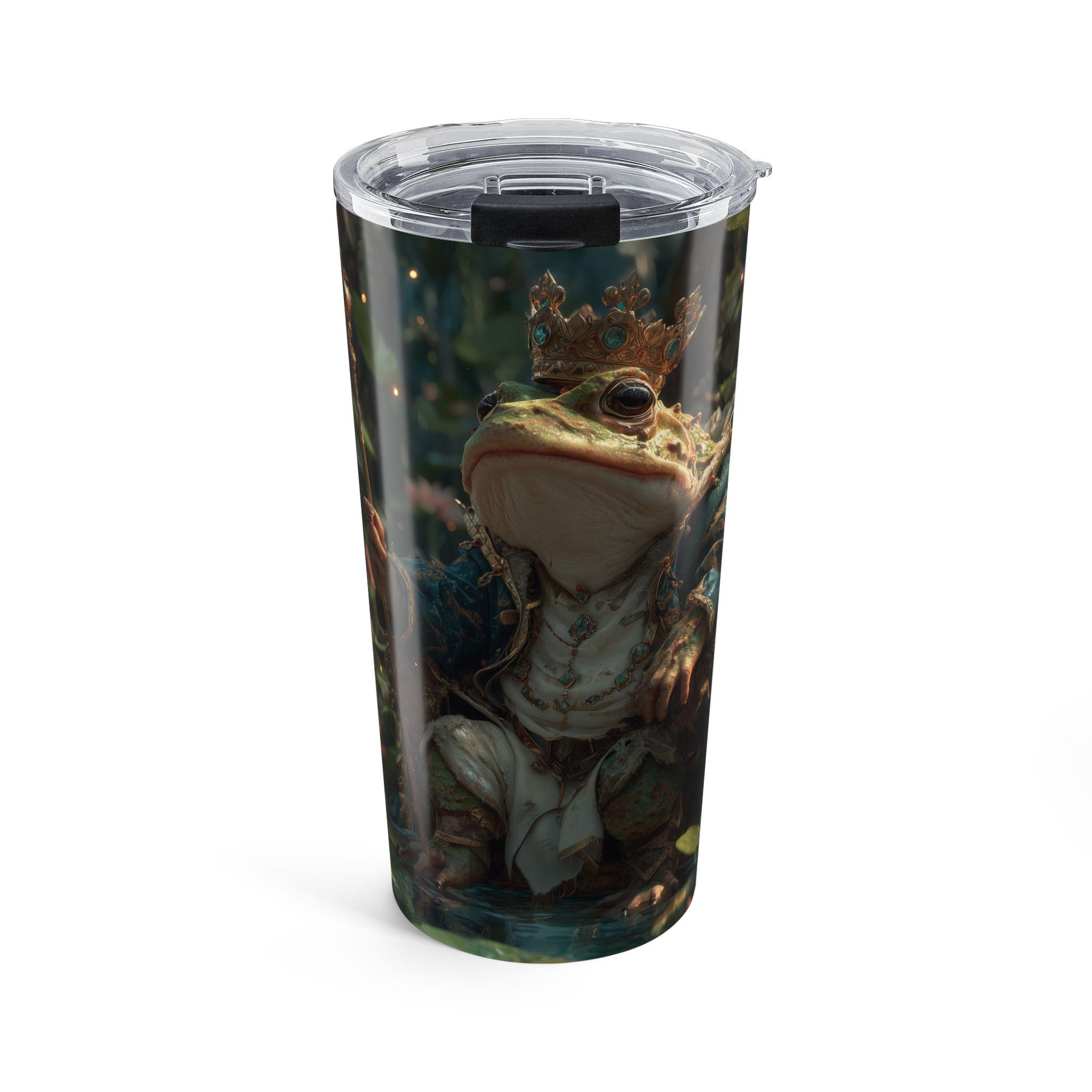 20 oz tumbler featuring a crowned frog dressed in ornate royal clothing, seated in a lush, softly lit forest setting.