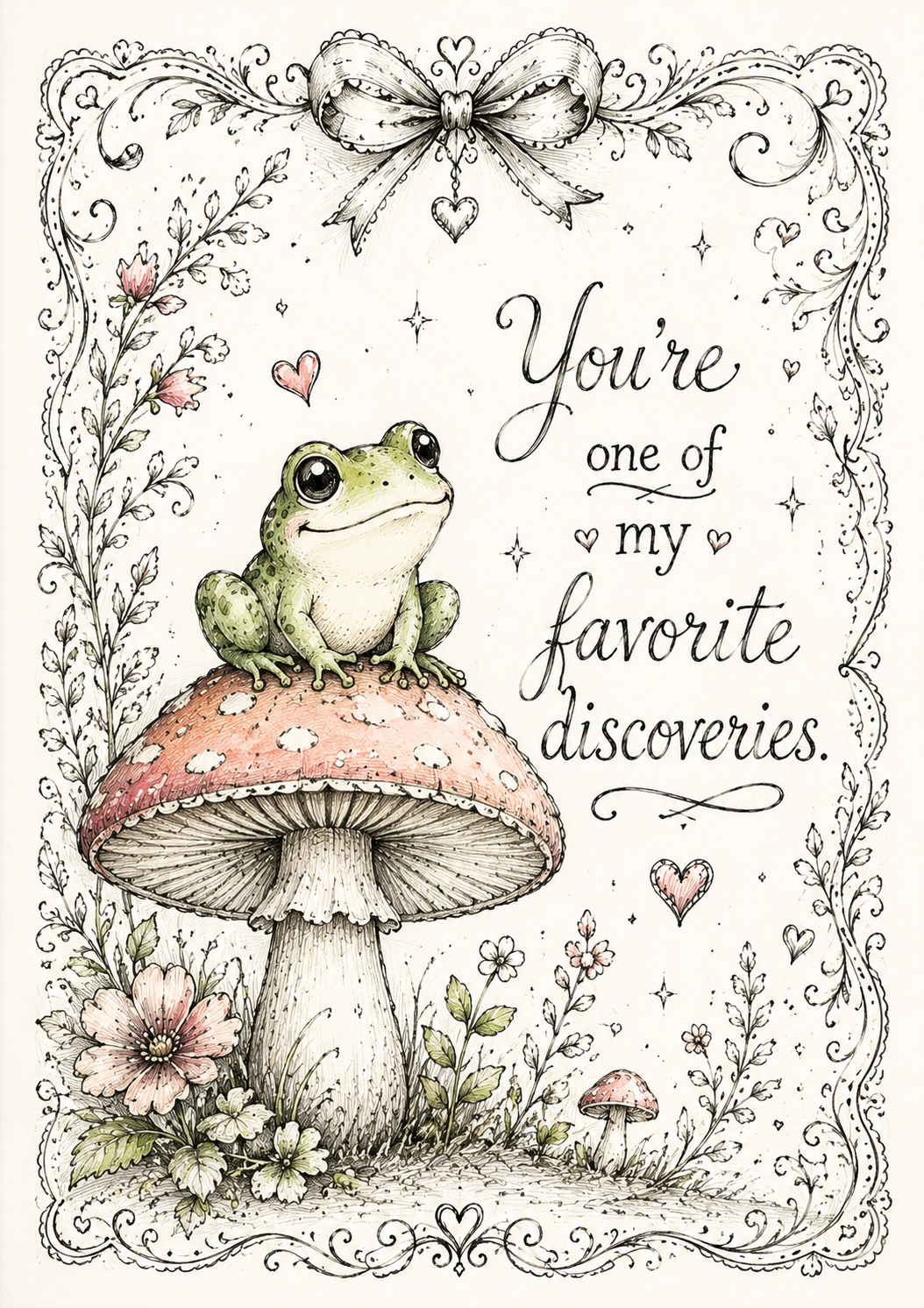 Delicate storybook-style greeting card featuring a small frog sitting on a spotted mushroom surrounded by flowers, with the message 'You're on of my favorite discoveries.'