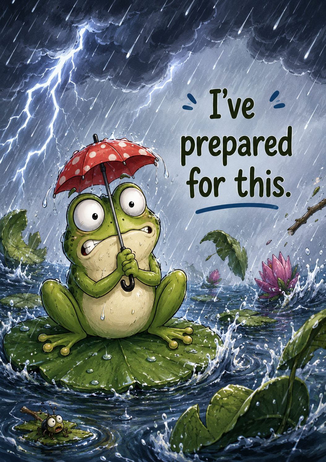 Funny cartoon frog holding a tiny umbrella during a massive rainstorm with the quote 'I've prepared for this.' 