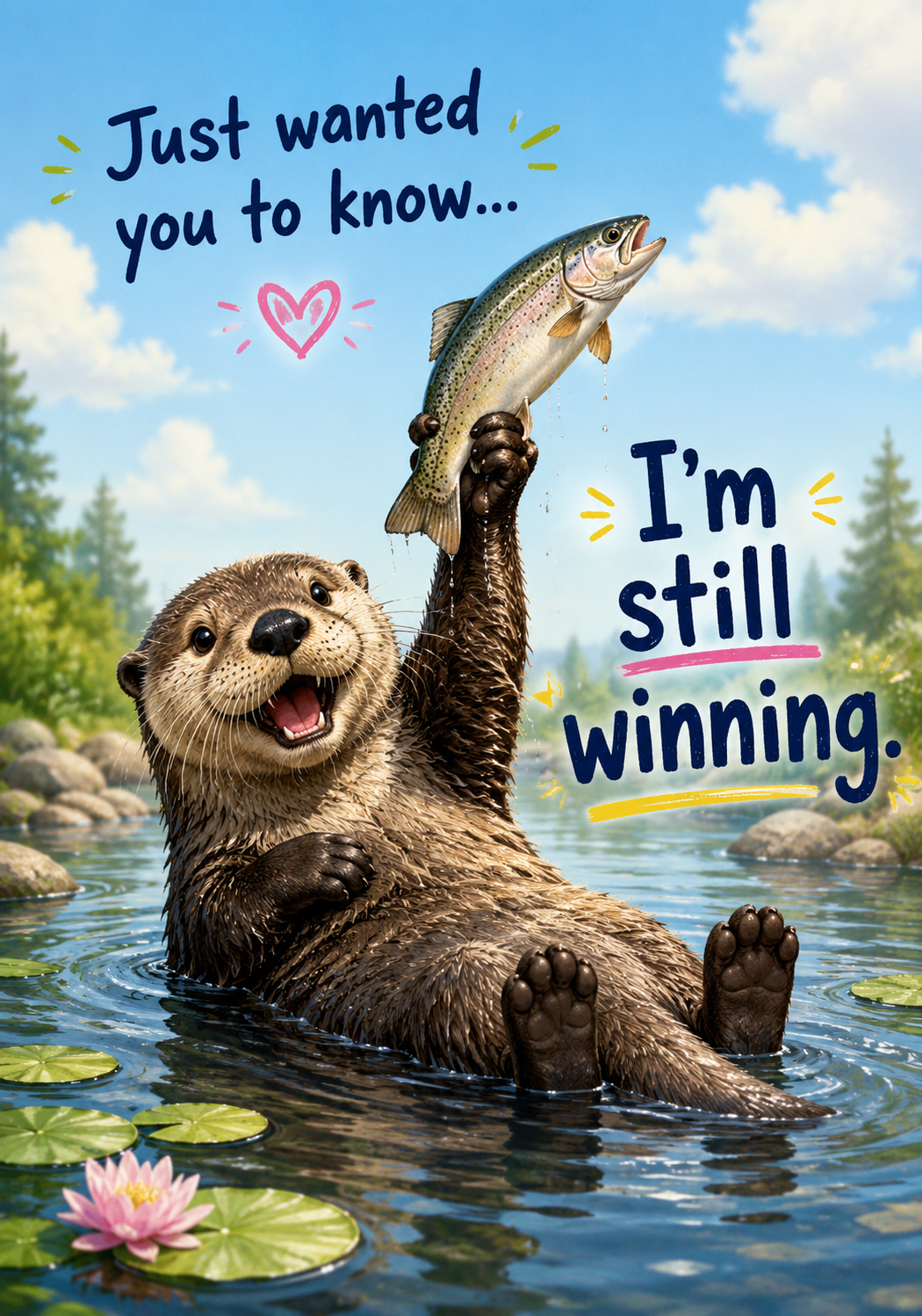 A happy otter floats on its back in a peaceful river, proudly holding a fish above its head like a trophy while celebrating with a big smile. The card reads, 'Just wanted you to know... I'm still winning.' 
