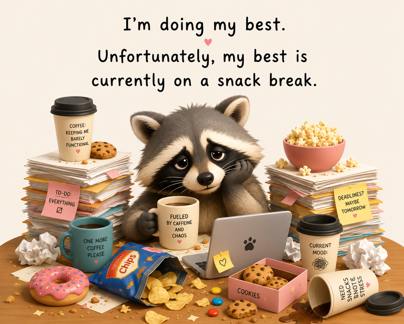 A colorful cartoon raccoon sits at a cluttered desk surrounded by coffee cups, cookies, chips, popcorn, and towering stacks of paperwork. Looking tired and overwhelmed,
          the raccoon holds a coffee mug beside an open laptop while the humorous message above reads, 'I'm doing my best. Unfortunately, my best is currently on a snack break.' 