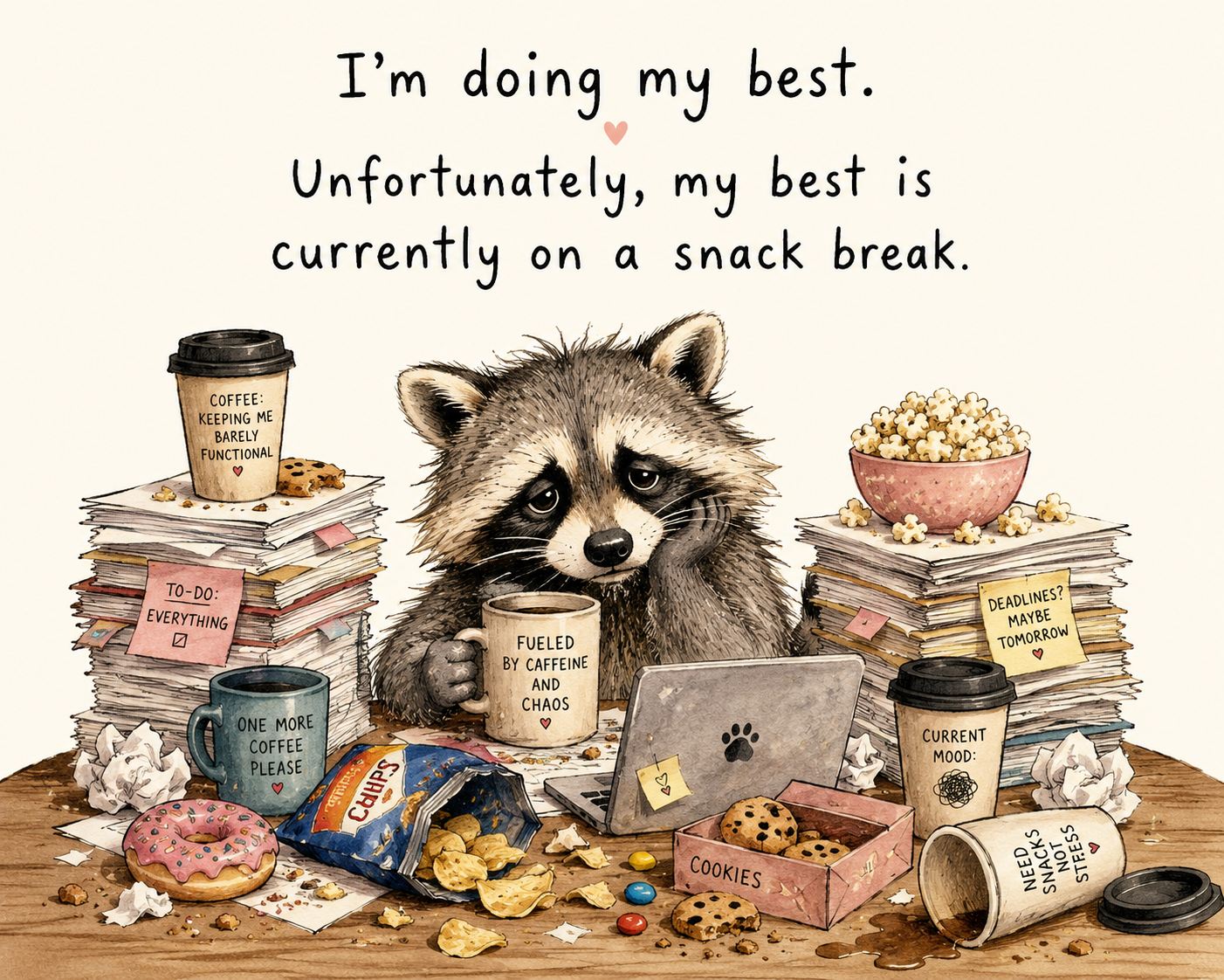 A hand-drawn ink-and-pancil style illustration of a tired raccoon sitting at a cluttered desk covered with coffee cups, cookies, chips, popcorn, and stacks of paperwork. The raccoon rests its head on one paw whiile holding a coffee
          mug beside an open laptop. Above the scene, the humorous message, 'I'm doing my best. Unfortunately, my best is currently on a snack break.' The sketch features soft pencil shading and a cozy, whimsical feel.