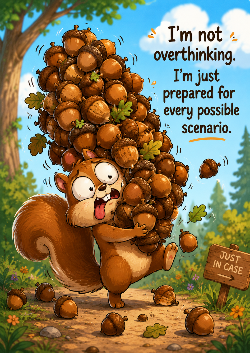 Funny cartoon squirrel struggling to carry a giant pile of acorns with the quote 'I'm not overthinking. I'm just prepared for every possible scenario.' 