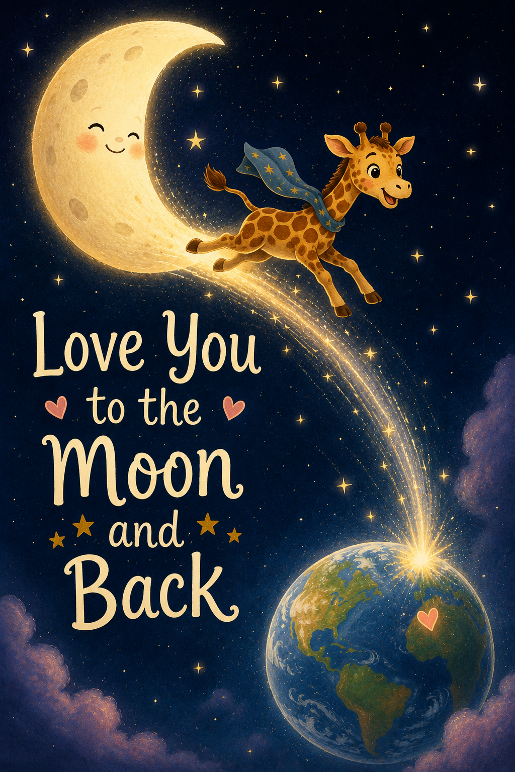 Whimsical greeting card featuring a smiling giraffe leaping from a crescent moon toward Earth beneath a starry sky, with the message 'Love You to the Moon and Back' card.