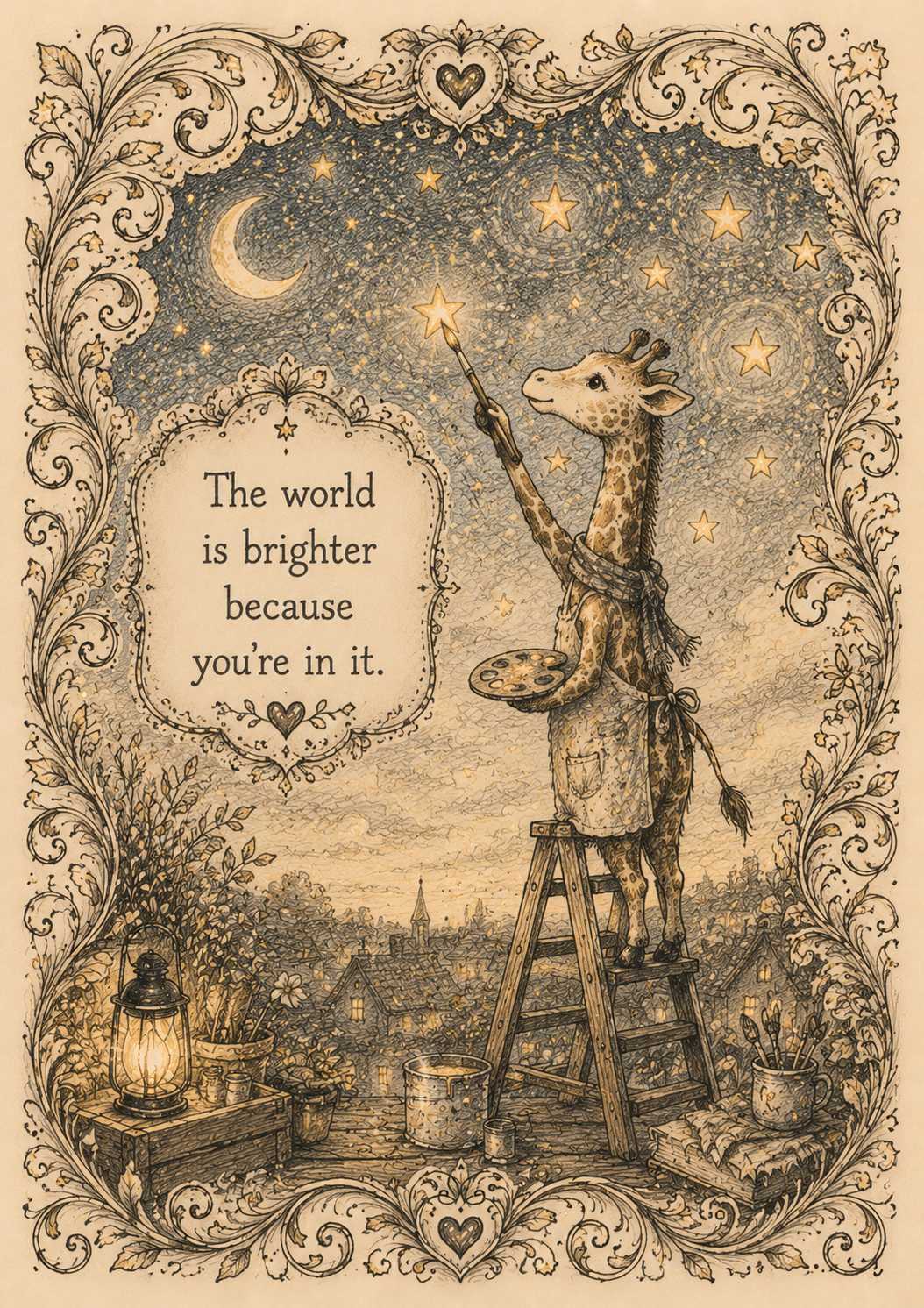 A whimsical ink and pencil illustration of a giraffe standing on a ladder, using a paintbrush to add glowing stars to the evening sky. A crescent moon shines above a 
        cozy village, while decorative swirling borders frame the artwork. The card includes the message: 'The world is brighter because you're in it.' 