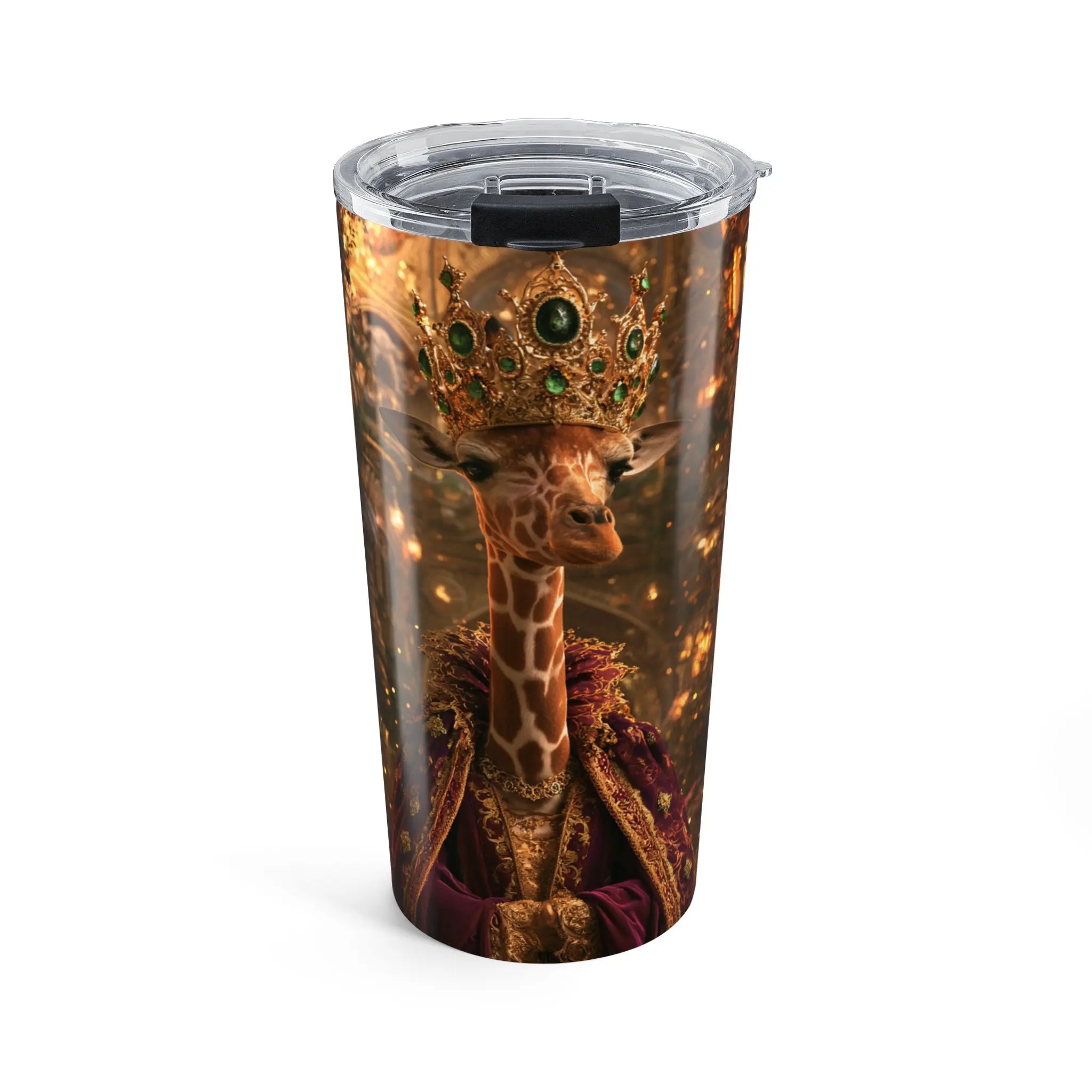 Mockup of a tumbler featuring a regal giraffe queen wearing an ornate crown and royal attire.