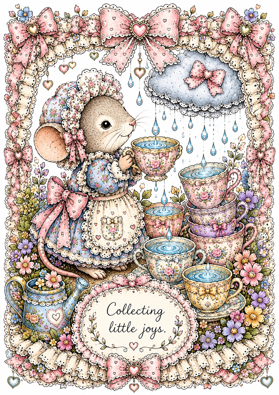 Vintage-style illustration of a smiling mouse in a floral dress collecting raindrops in decorated teacups beneath a cloud, surrounded by flowers and pink bows, with the message 'Collecting little joys.'