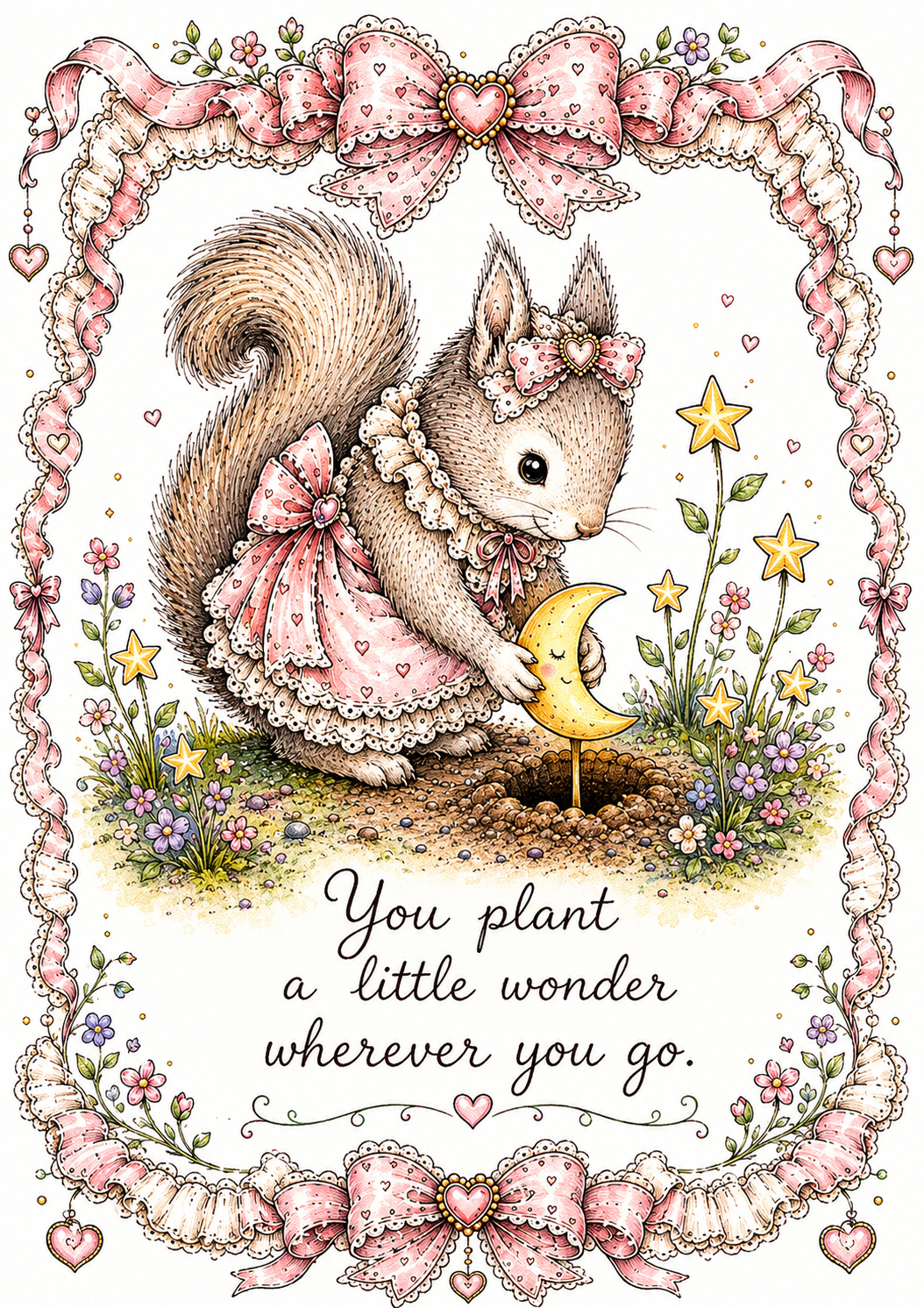 Ink and pencil illustration of a squirrel planting a crescent moon in the ground surrounded by star flowers with the quote 'You plant a little wonder wherever you go'