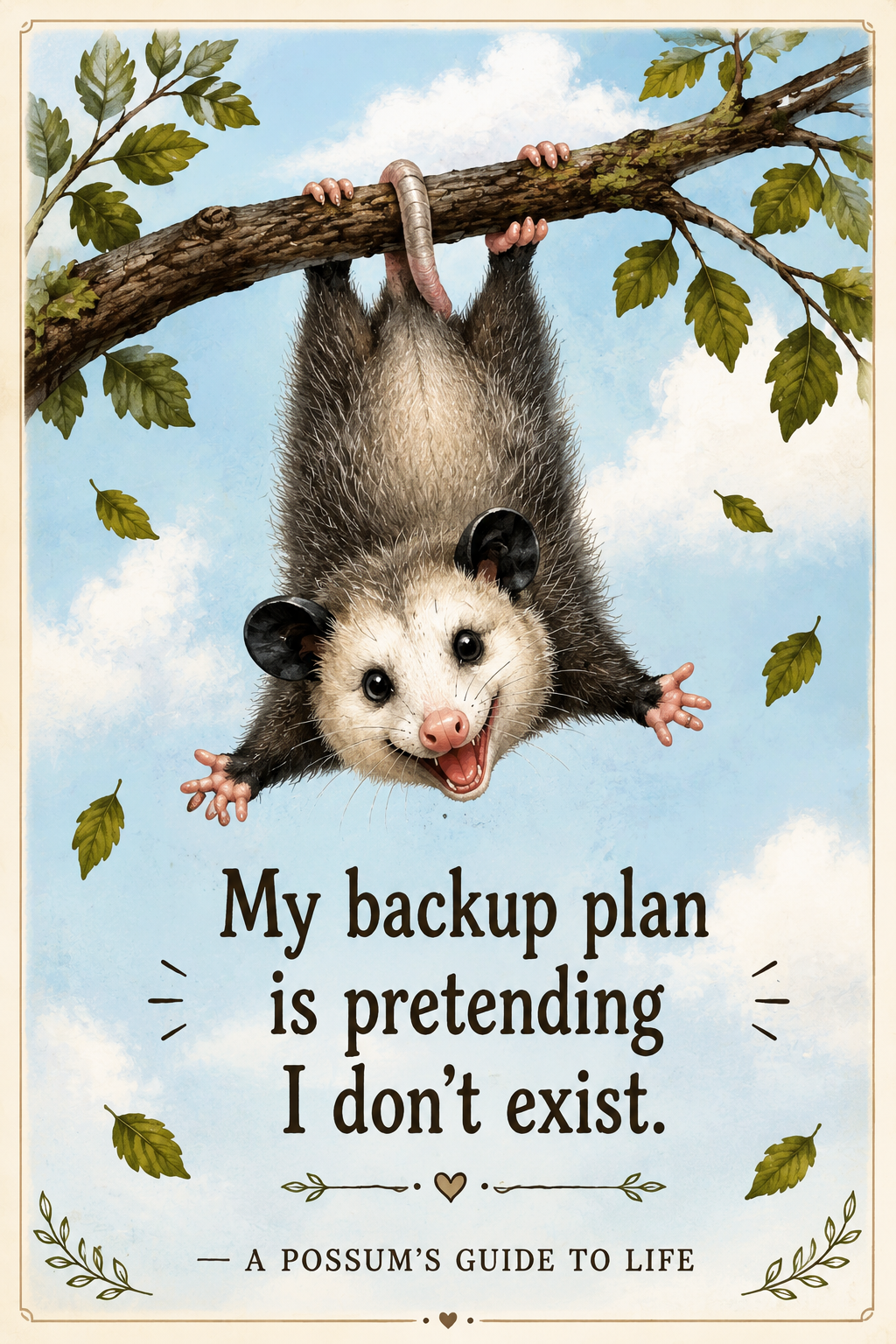 Happy possum smiling with a cheerful expression, creating a lighthearted and funny greeting card designed to bring a smile.