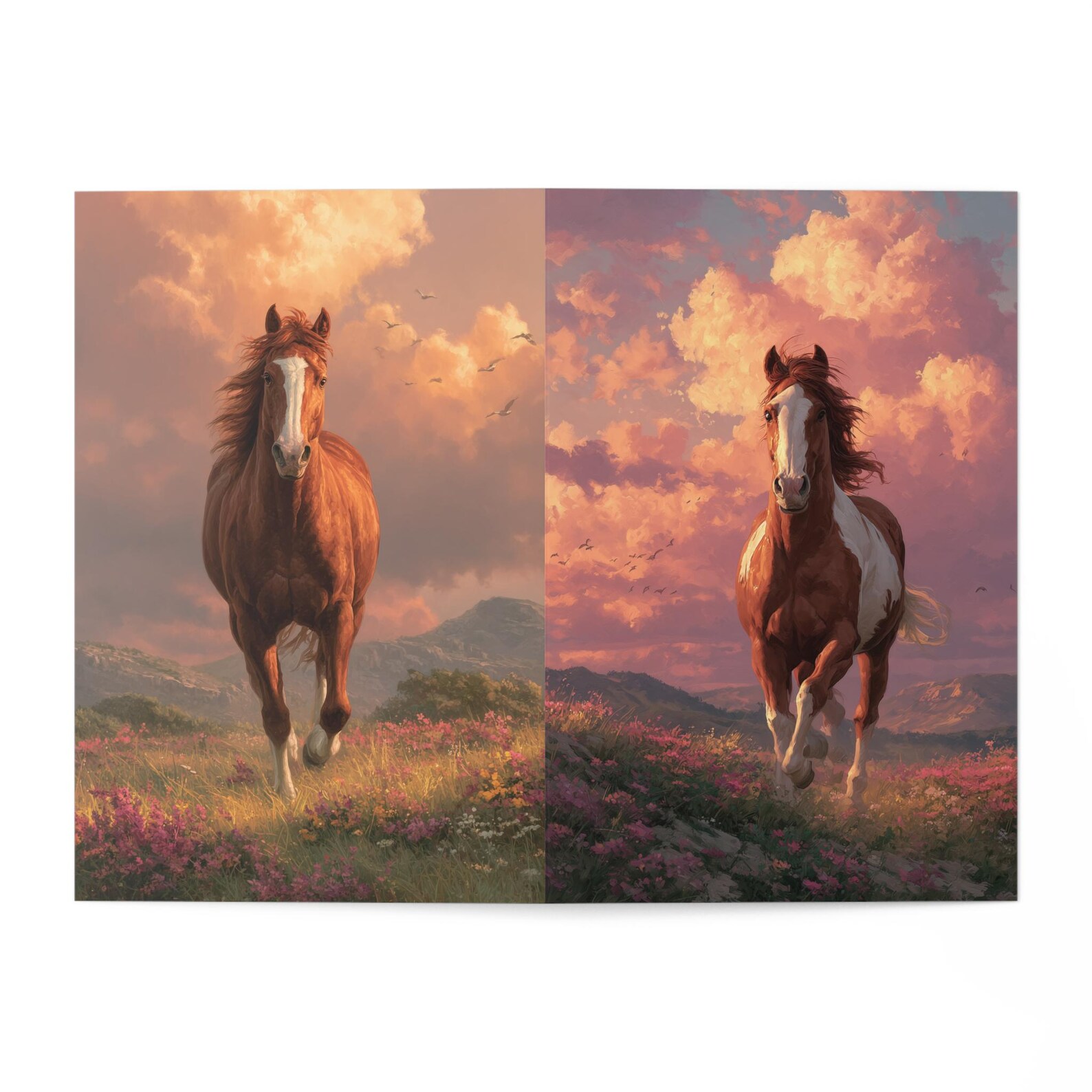 Greeting card featuring a horse beneath a soft pink sky
