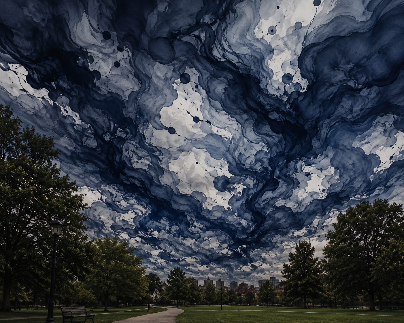 A dramatic view from a park shows towering trees and a winding path beneath a sky filled with swirling blue and black ink. The ink flows and curls across the entire sky in abstract patterns, creating a surreal canopy above the quiet park landscape and distant city buildings.