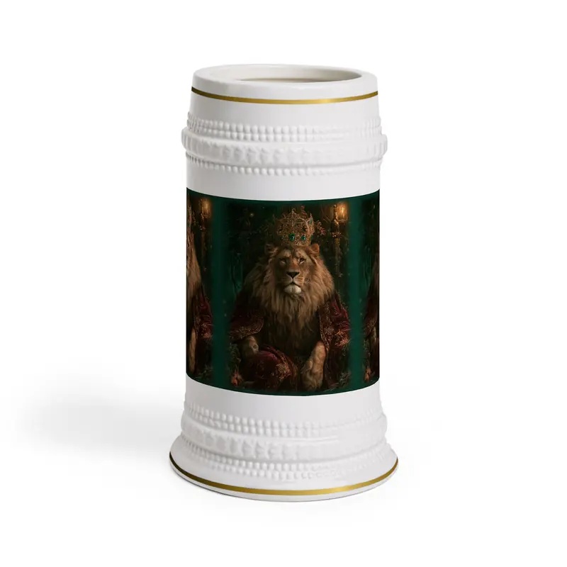 White ceramic beer stein featuring a regal crowned lion seated in a dark enchanted forest, dressed in rich royal robes with gold accents.
