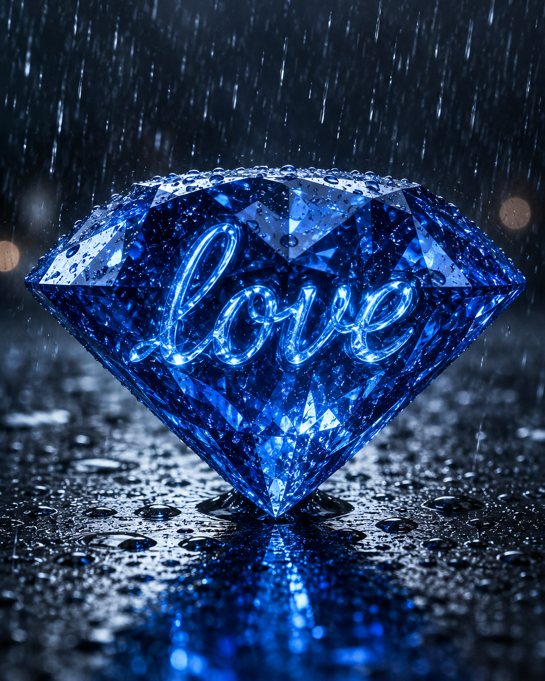 Brilliant blue diamond resting in the rain with the word 'Love' glowing from within its sparkling facets.