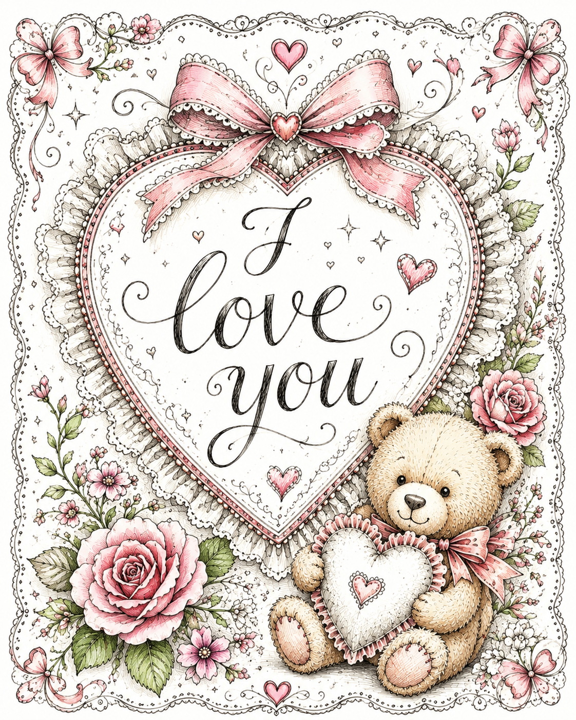 Vintage-style greeting card featuring a teddy bear holding a heart pillow beneath a large heart with the words 'I Love You,' surrounded by pink roses, butterflies, delicate lace details, and a soft pink bow.