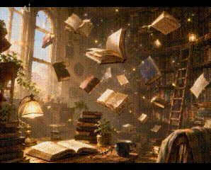 Animated magical books surrounded by sparkling light and wonder.