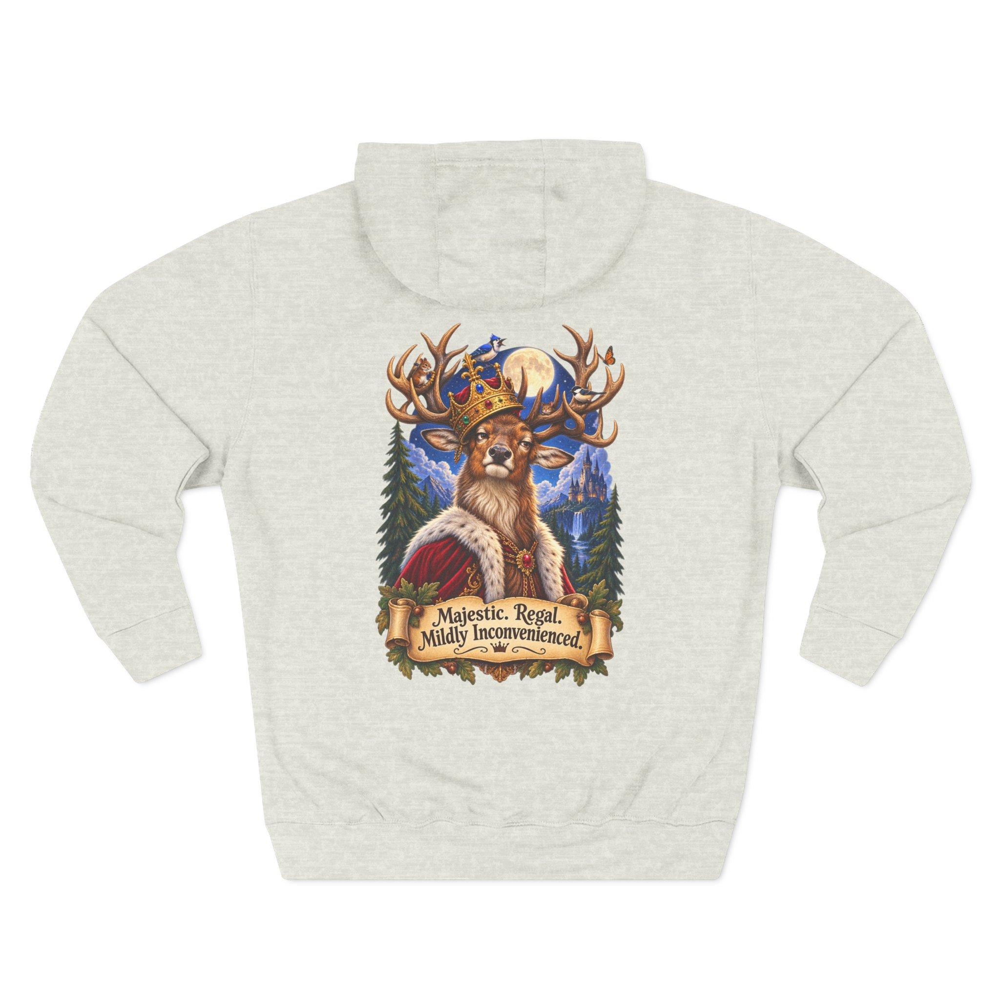 Light gray hoodie featuring a crowned majestic stag in royal red robes beneath a glowing moon, surrounded by mountains and evergreen trees, with the phrase “Majestic. Regal. Mildly Inconvenienced.” on a decorative banner.