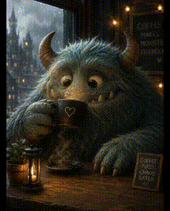 Fuzzy horned monster sitting by a window at night, quietly sipping coffee while warm lantern light and glowing fireflies fill the cozy scene.