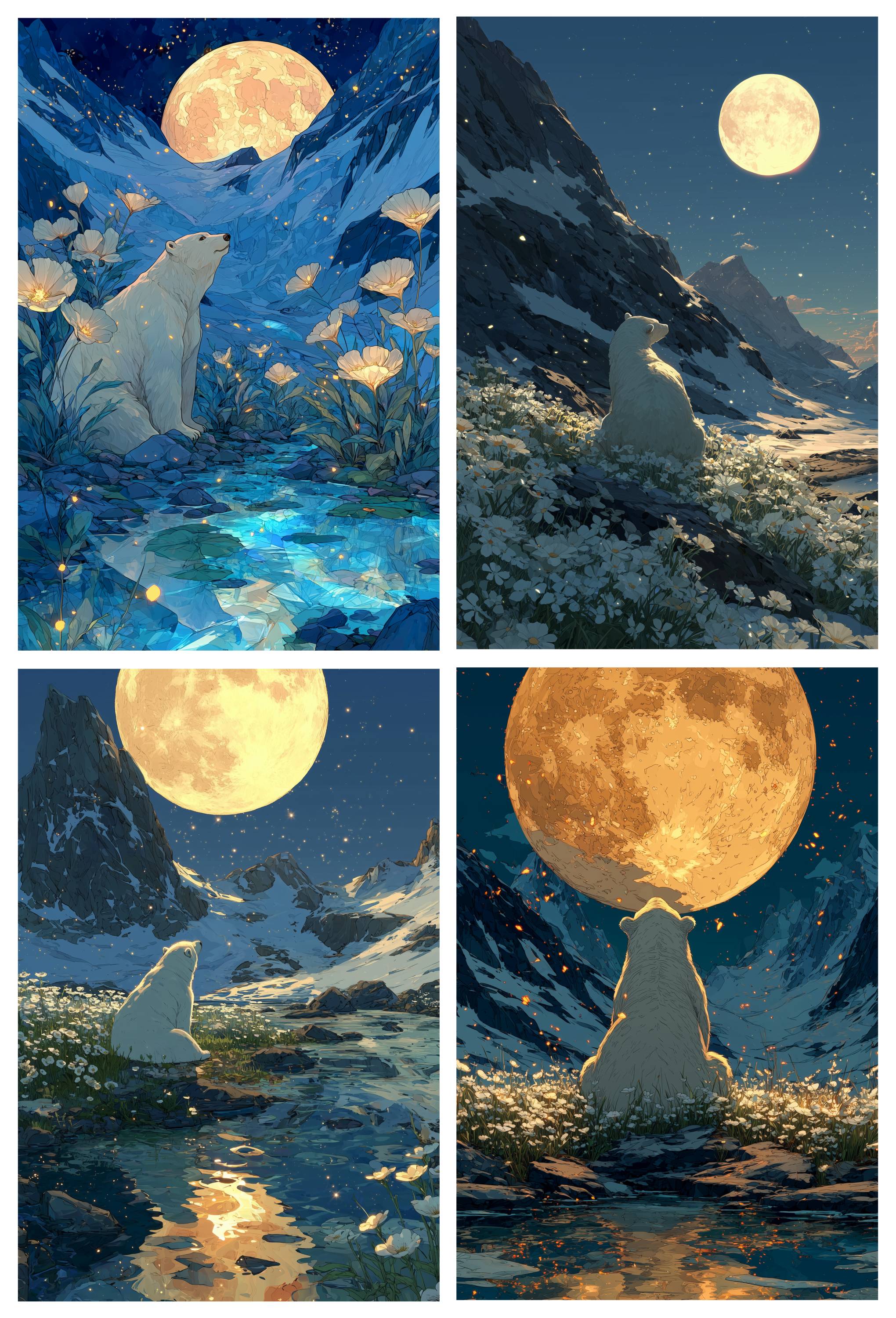 A set of four printable wall art illustrations featuring a polar bear in a serene Arctic landscape under a moonlit sky. The artwork includes snowy mountains, icy waters, and a peaceful polar bear, creating a calming and nature-inspired atmosphere. Perfect for nurseries, children's rooms, living spaces, or as a thoughtful gift for nature lovers.