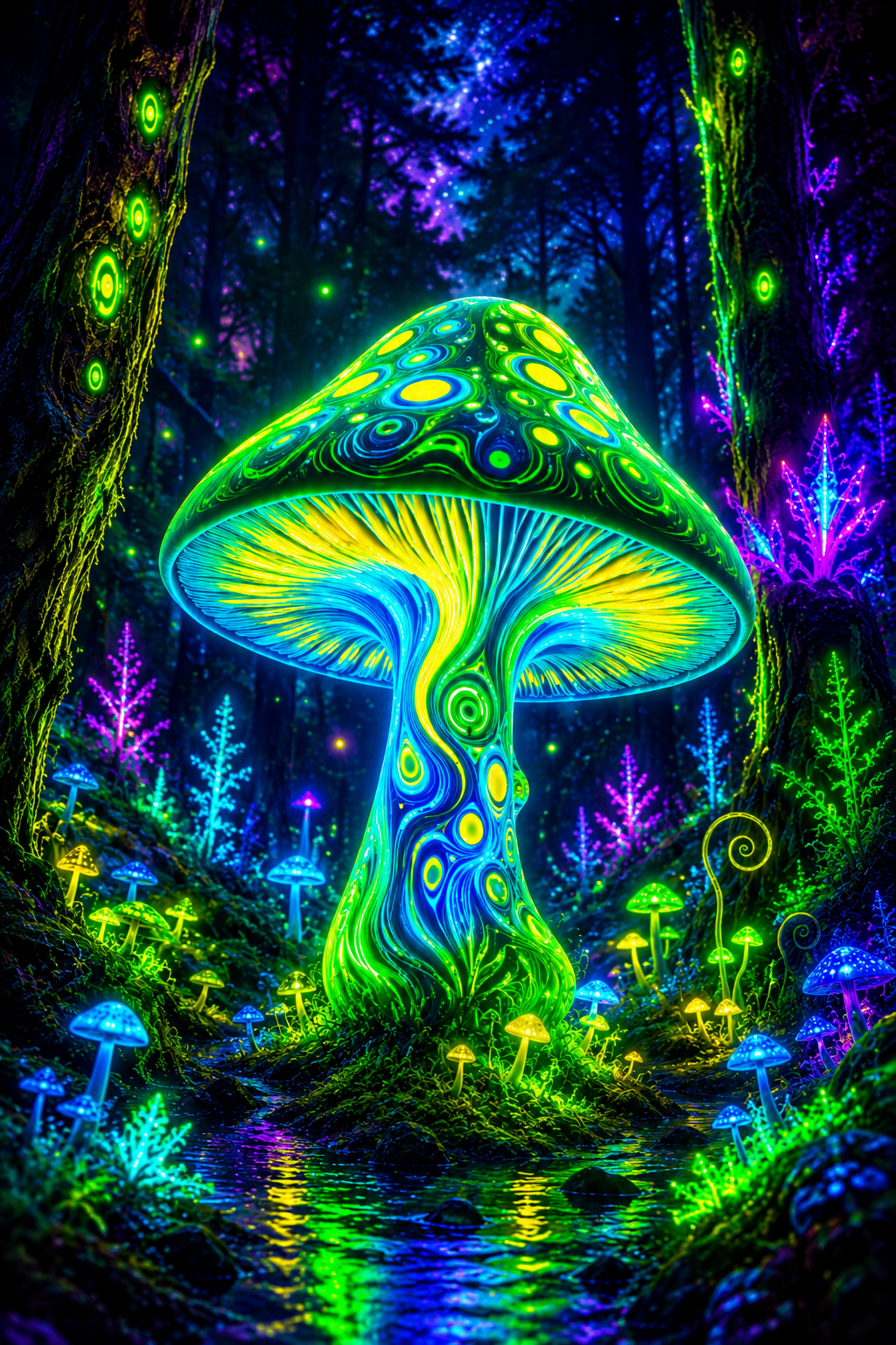 Colorful fantasy artwork of a giant glowing mushroom in an enchanted forest at night. Neon blue, green, and purple patterns illuminate the mushroom and surrounding plants, creating a magical, dreamlike scene filled with tiny glowing mushrooms and vibrant forest details.