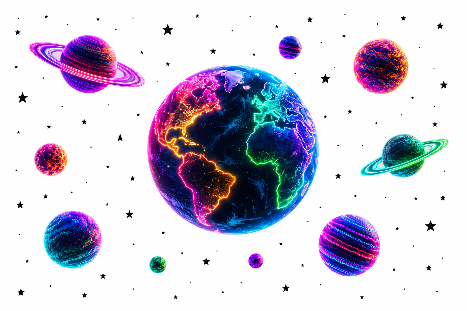 A vibrant 3D neon Earth surrounded by glowing colorful planets and black stars on a bright white space background, creating a futuristic cosmic scene.
