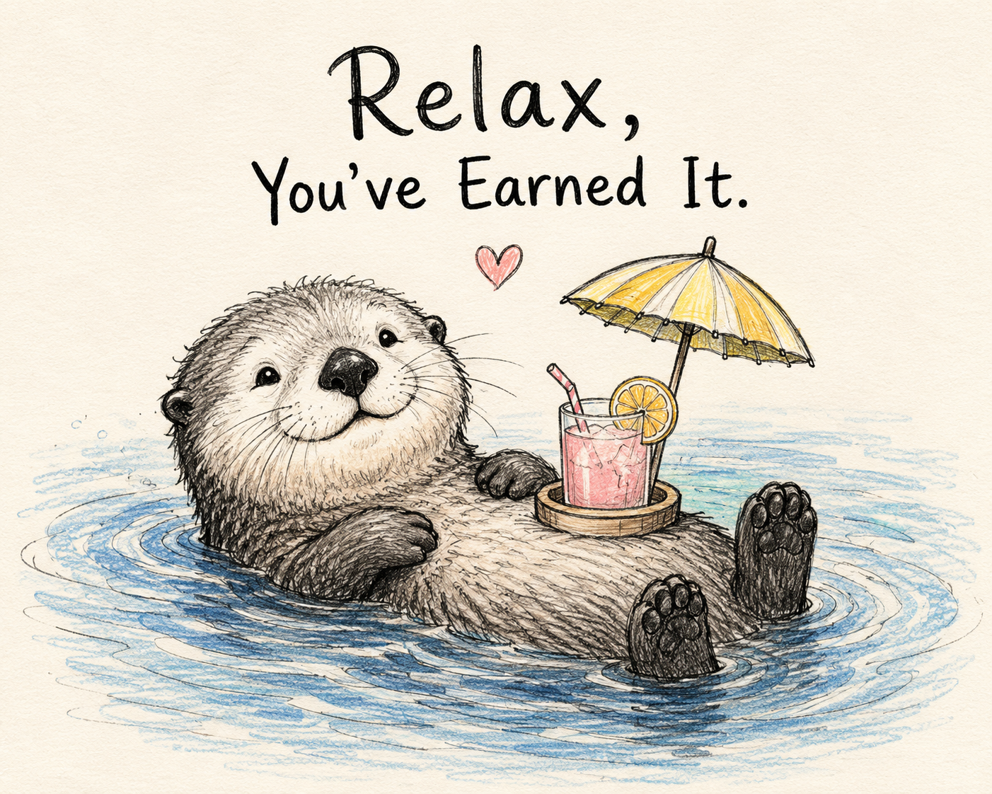 Cute hand-drawn otter floating on its back in blue water beside a pink umbrella drink with the message 'Relax, You've Earned It. ' 