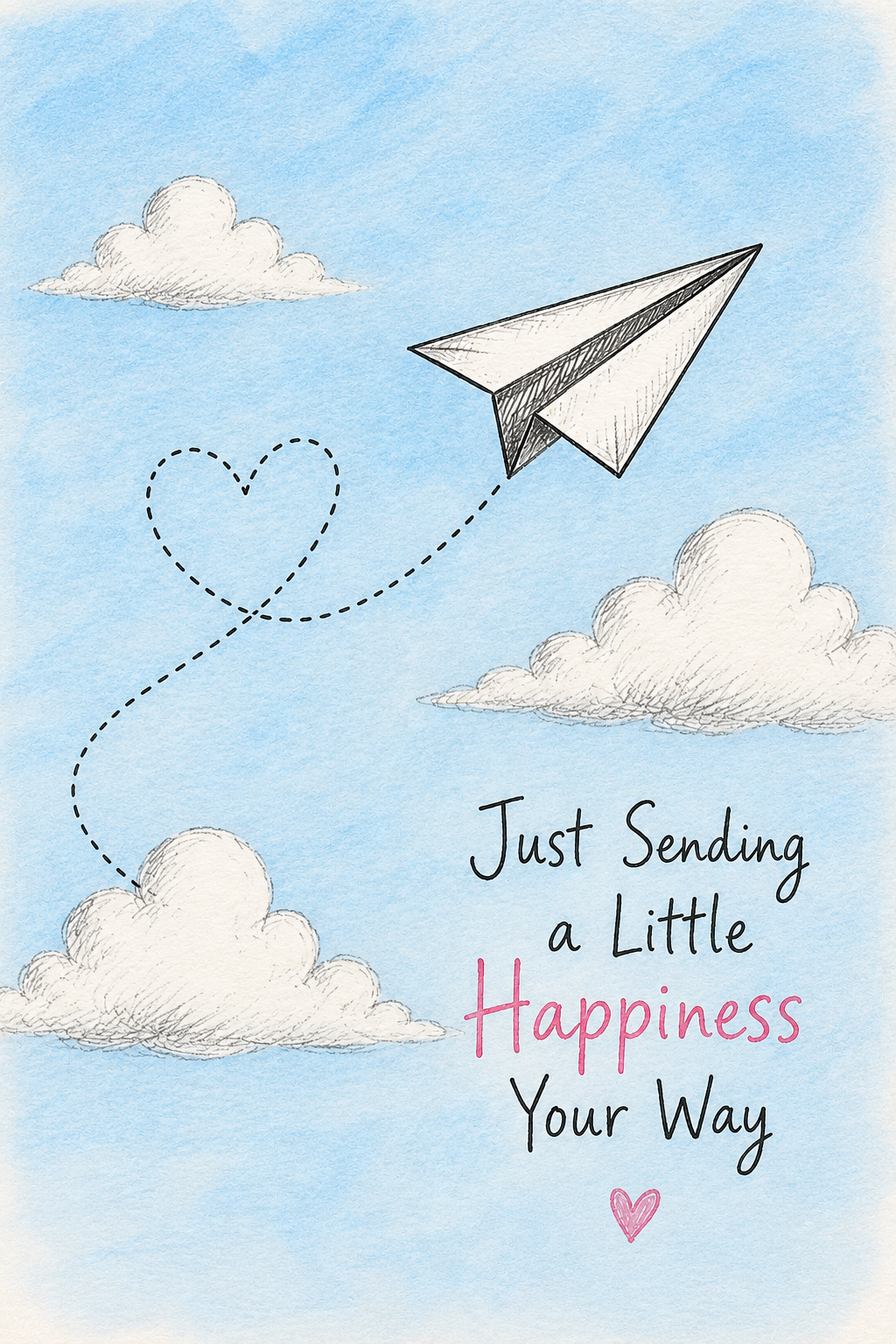 Hand-drawn paper airplane soaring through a bright blue sky with soft clouds, representing imagination, creativity, and simple joys.