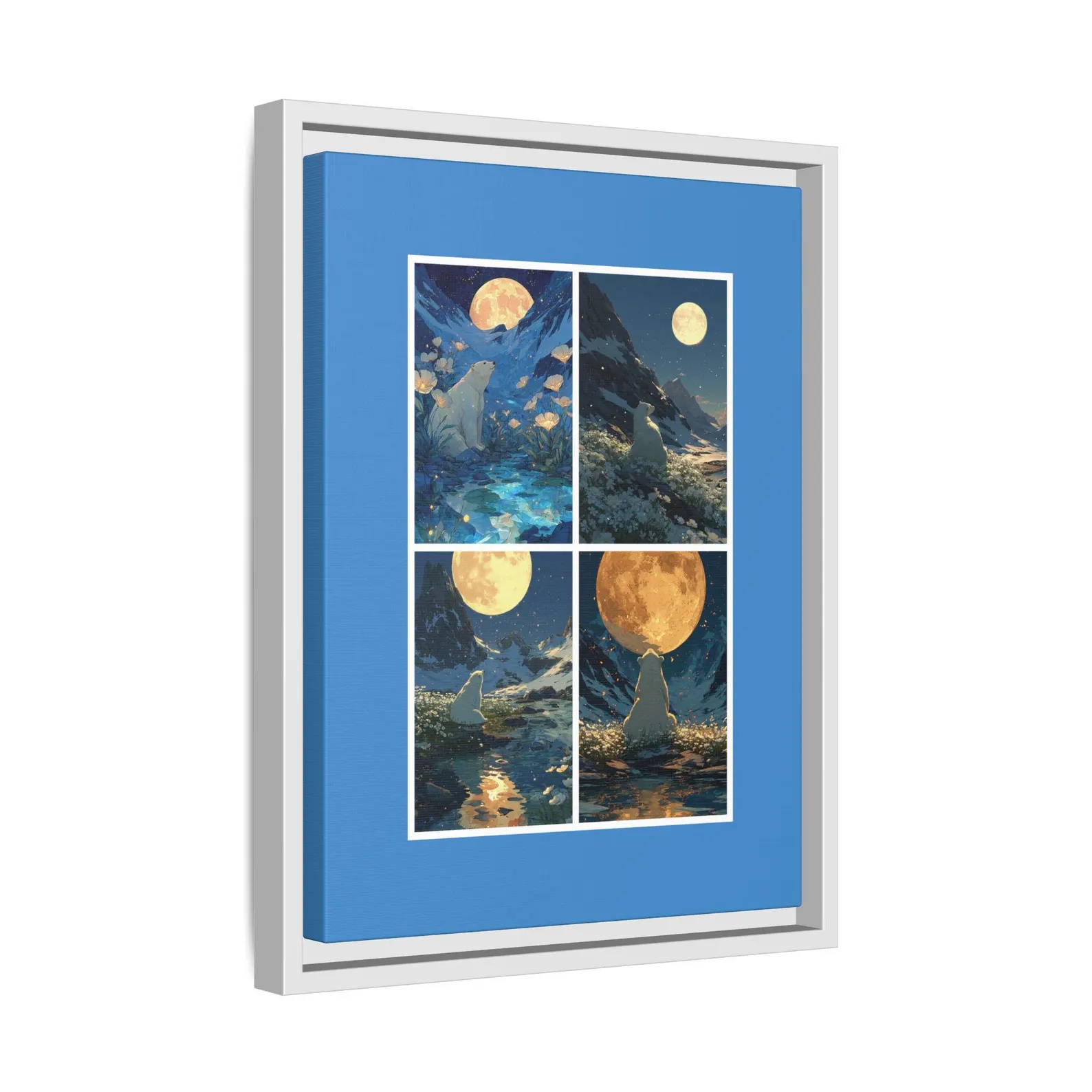 Vertical framed canvas featuring four moonlit polar bear scenes