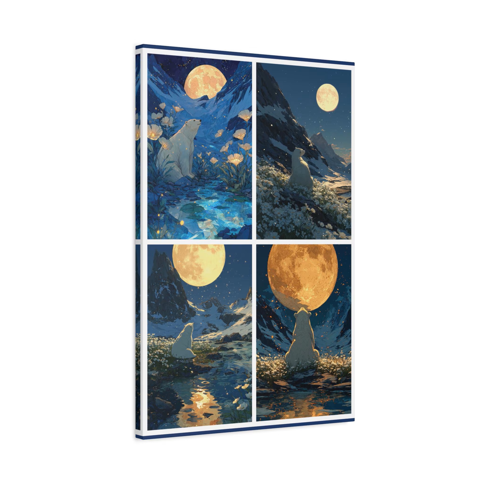 Moonlit polar bear artwork displayed on a framed canvas