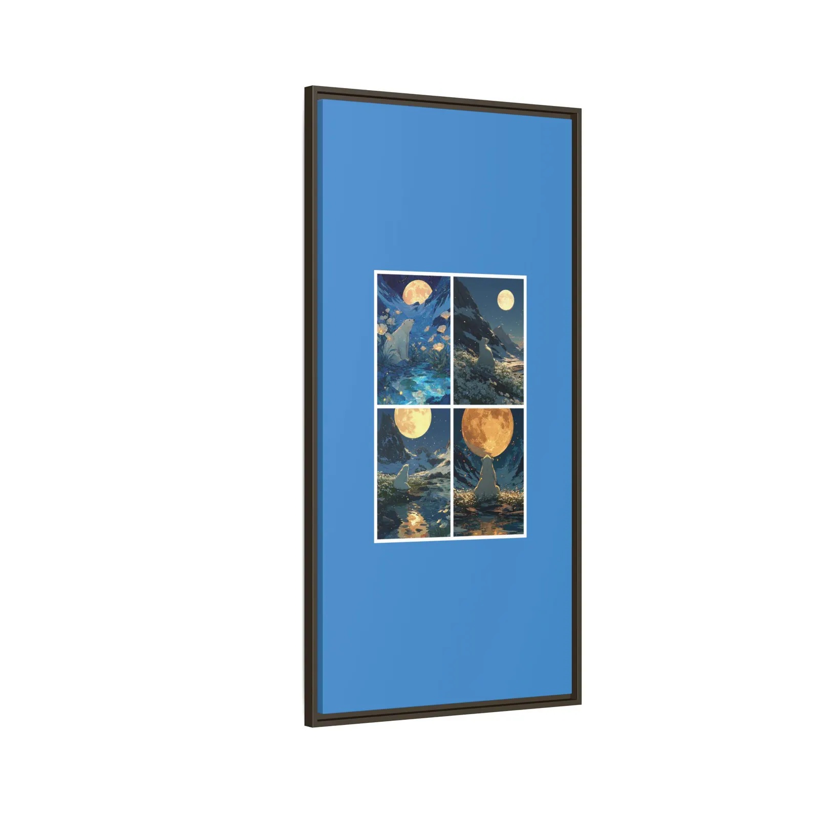 Framed vertical matte canvas featuring a collection of four moonlit polar bear artworks arranged in a 2×2 grid. Each panel depicts a majestic polar bear beneath a glowing full moon in peaceful Arctic landscapes with snowy mountains, reflective water, and deep blue night skies, displayed on a bright blue background within a slim black frame.