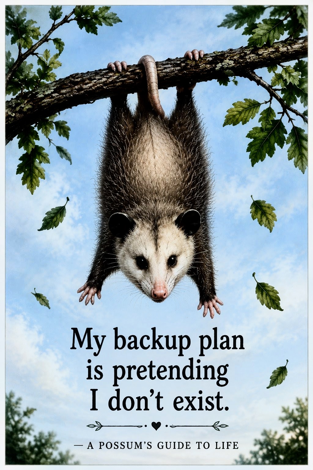 Illustration of a serious faced possum hanging upside down from a tree branch with autumn leaves drifting through a blue sky. The card reads, 'My backup plan is pretending I don't exist.' with the subtitle
             'A Possum's Guide to Life.' 