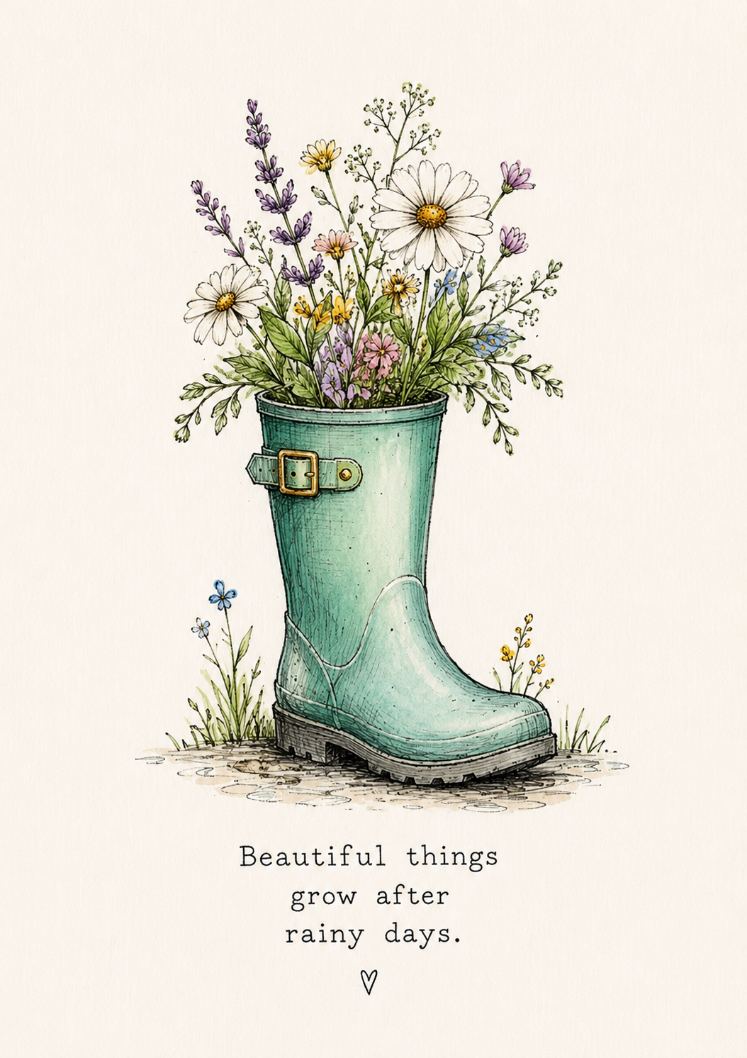 Inspirational greeting card featuring a vintage green rain boot filled with colorful wildflowers and daisies, with the message 'Beautiful things grow after rainy days,' set against a soft cream background.
